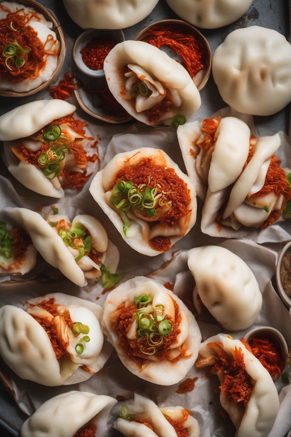 A high-resolution photo of kimchi pork bao buns with vibrant red flecks and juicy cross-section, under soft lighting.