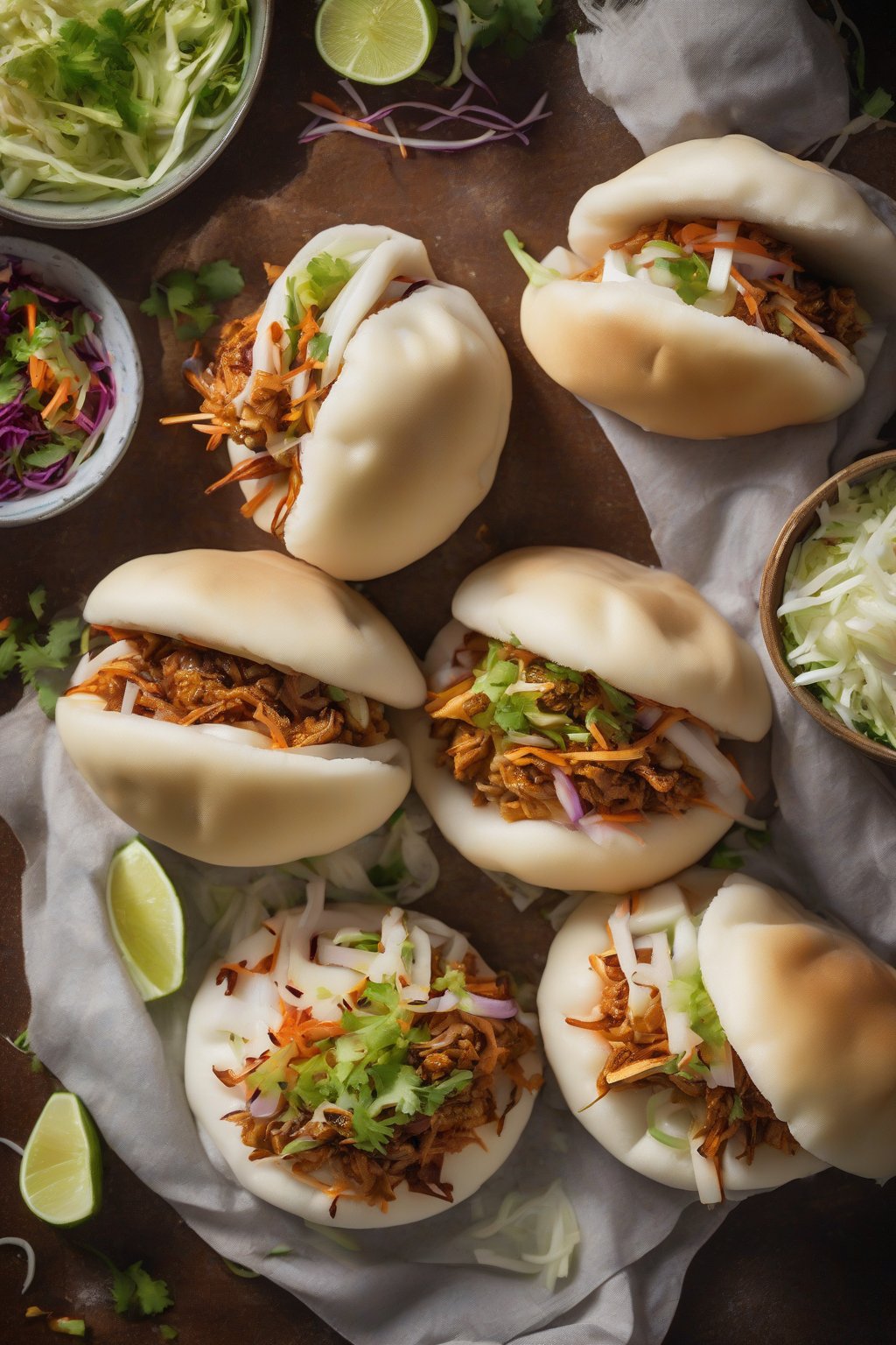 A high-resolution photo of BBQ jackfruit bao buns piled with coleslaw, steam-fresh and fluffy, under soft lighting.