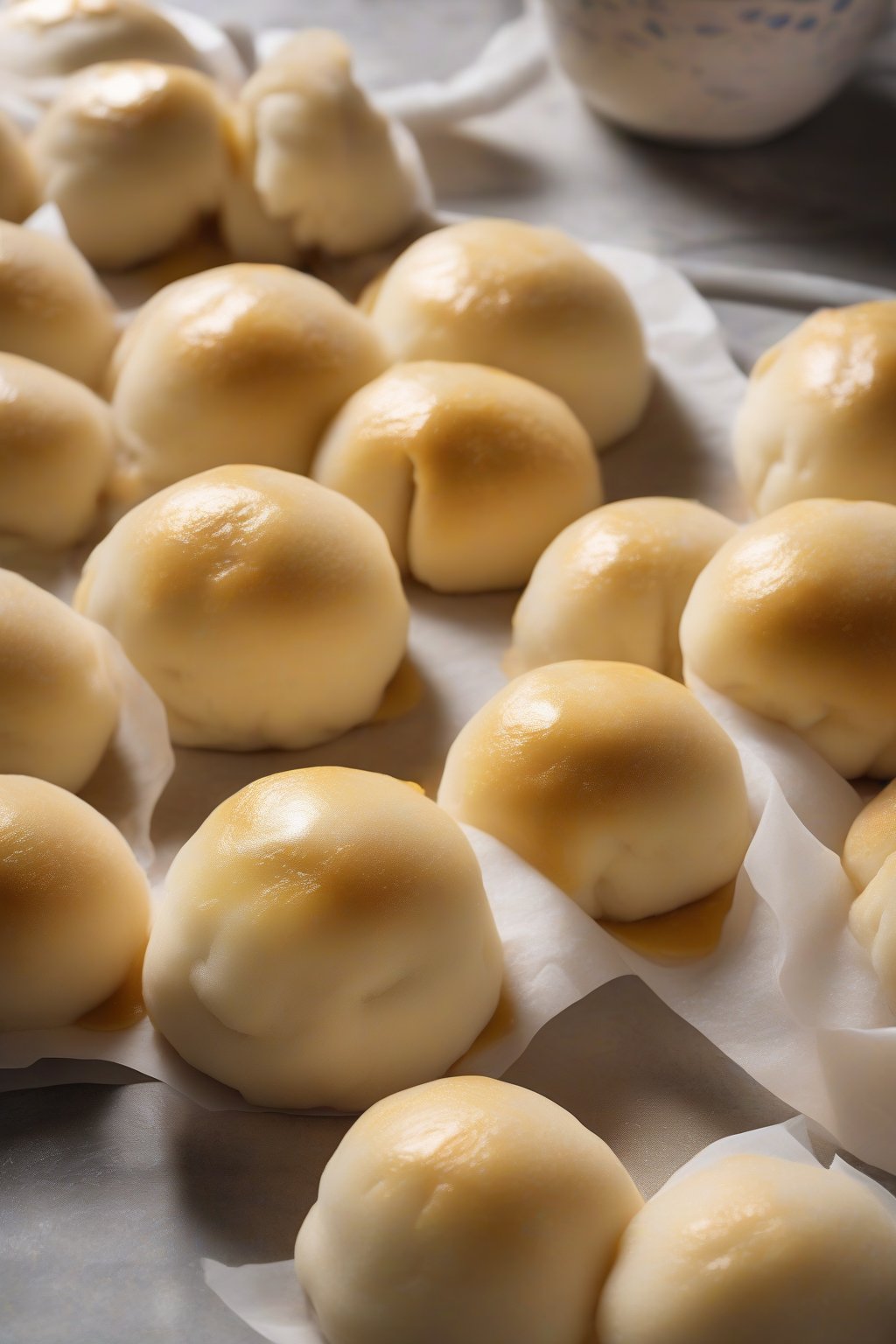 A high-resolution photo of golden custard bao buns dusted with sugar, one split to show creamy filling, under soft lighting.