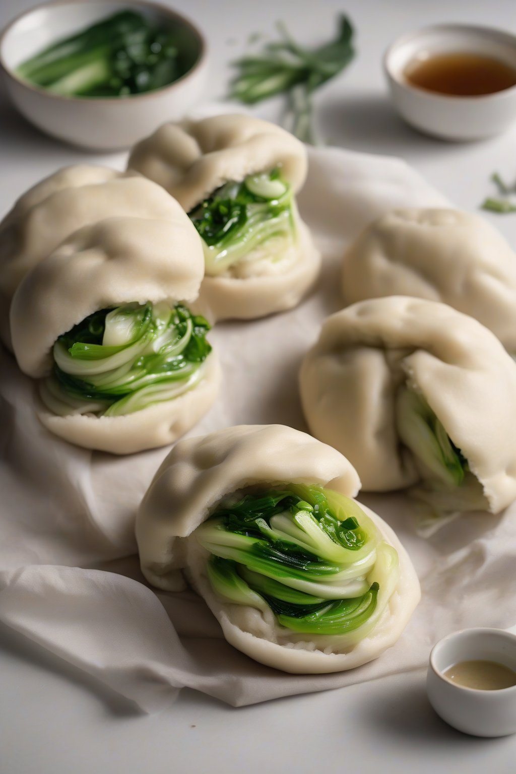 A high-resolution photo of tofu bok choy bao buns with green veggie contrasts against white dough, under soft lighting.