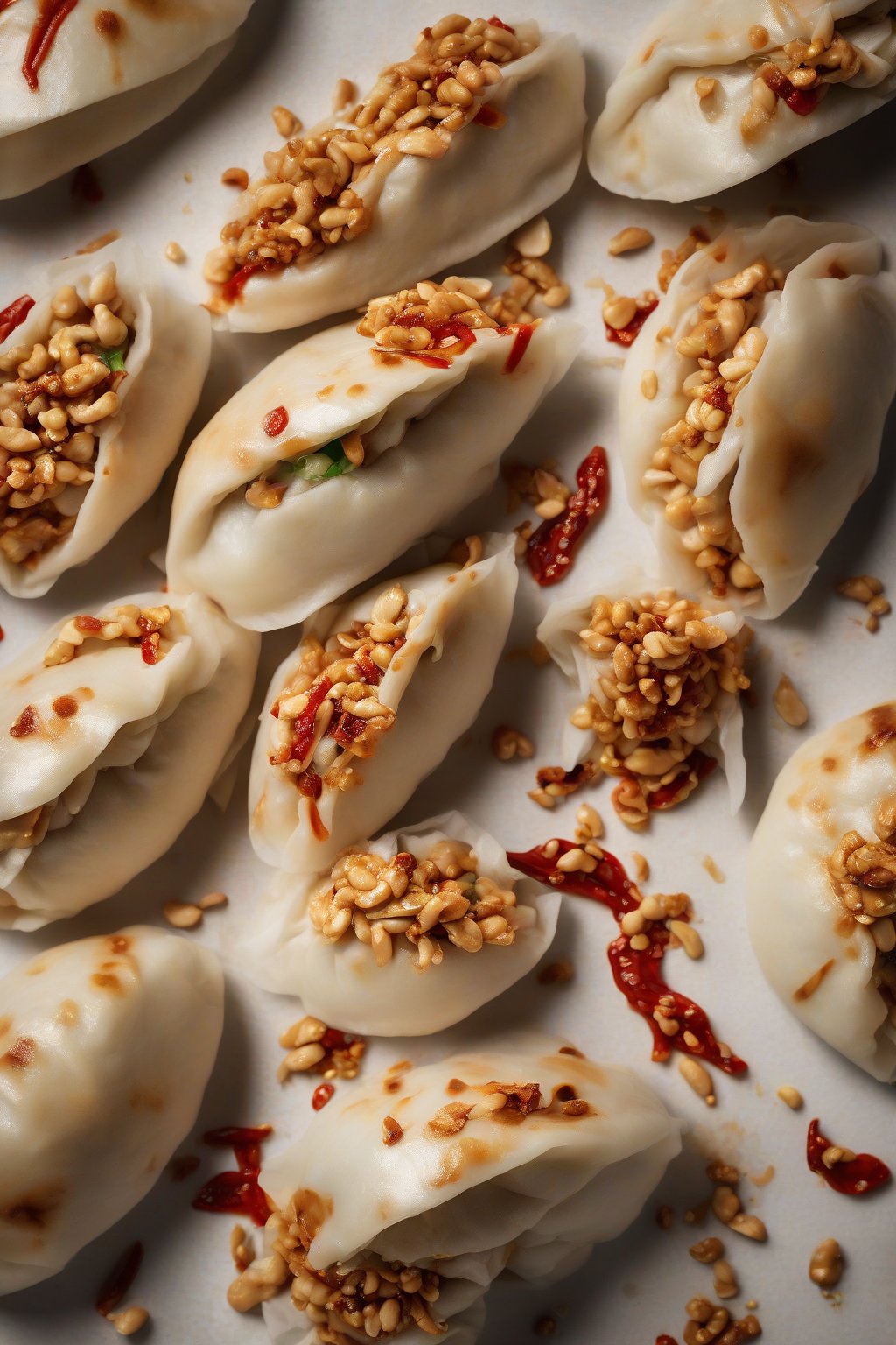 A high-resolution photo of Szechuan chicken bao buns scattered with crushed peanuts and chili flecks, under soft lighting.