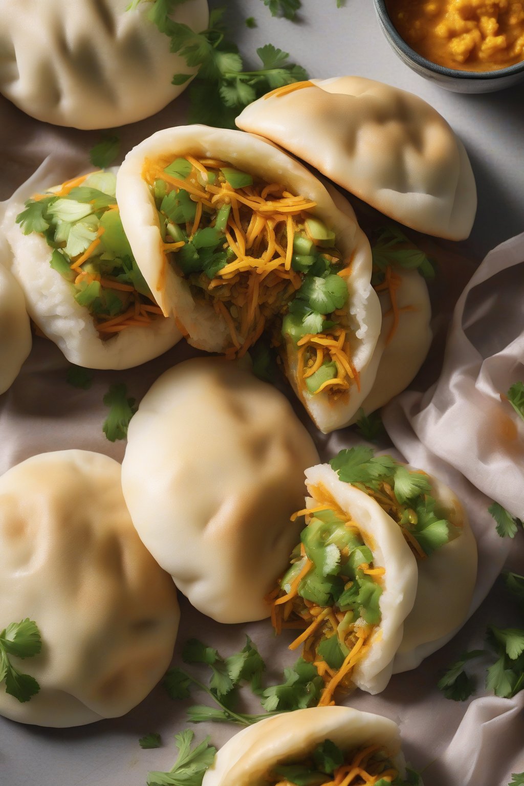 A high-resolution photo of curry veggie bao buns with golden filling spilling out, fresh cilantro atop, under soft lighting.