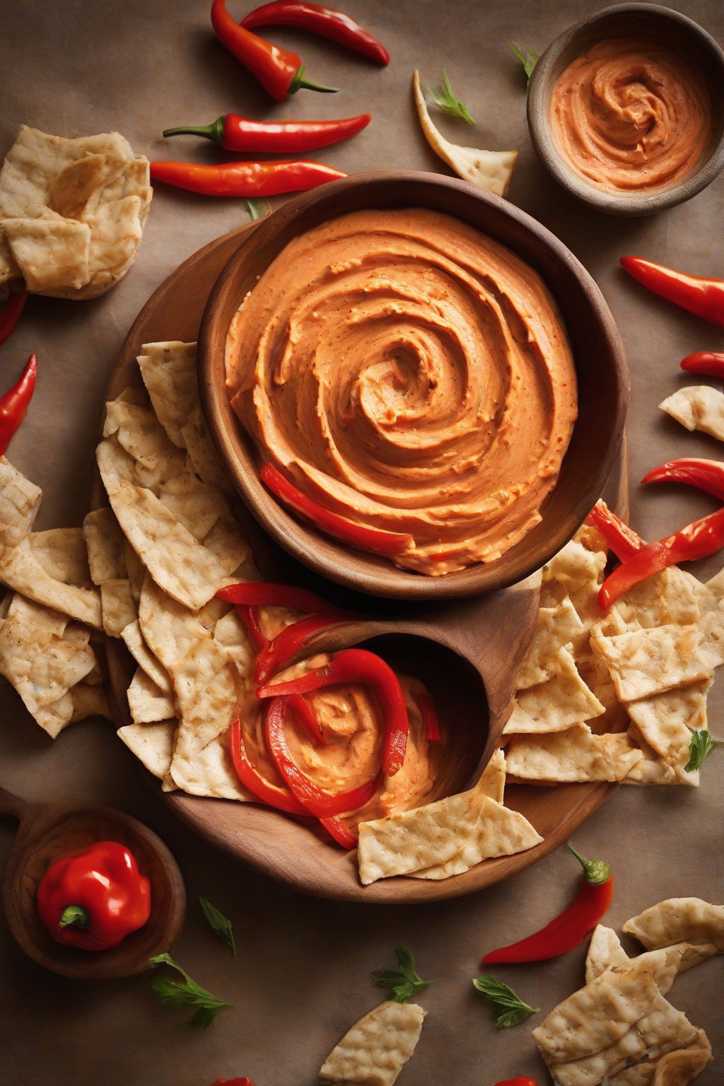 A high-resolution photo of spicy roasted red pepper hummus swirled in a rustic bowl, with red pepper strips on top, under soft lighting.