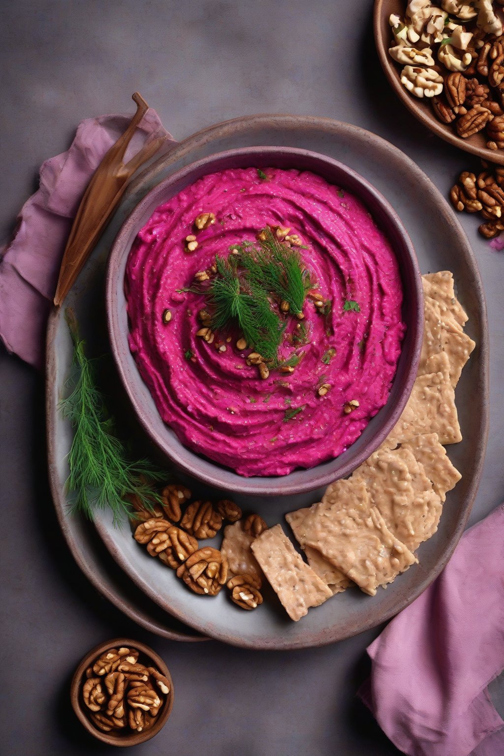 A high-resolution photo of vibrant pink beetroot hummus in a ceramic dish, garnished with dill and walnuts, under soft lighting.