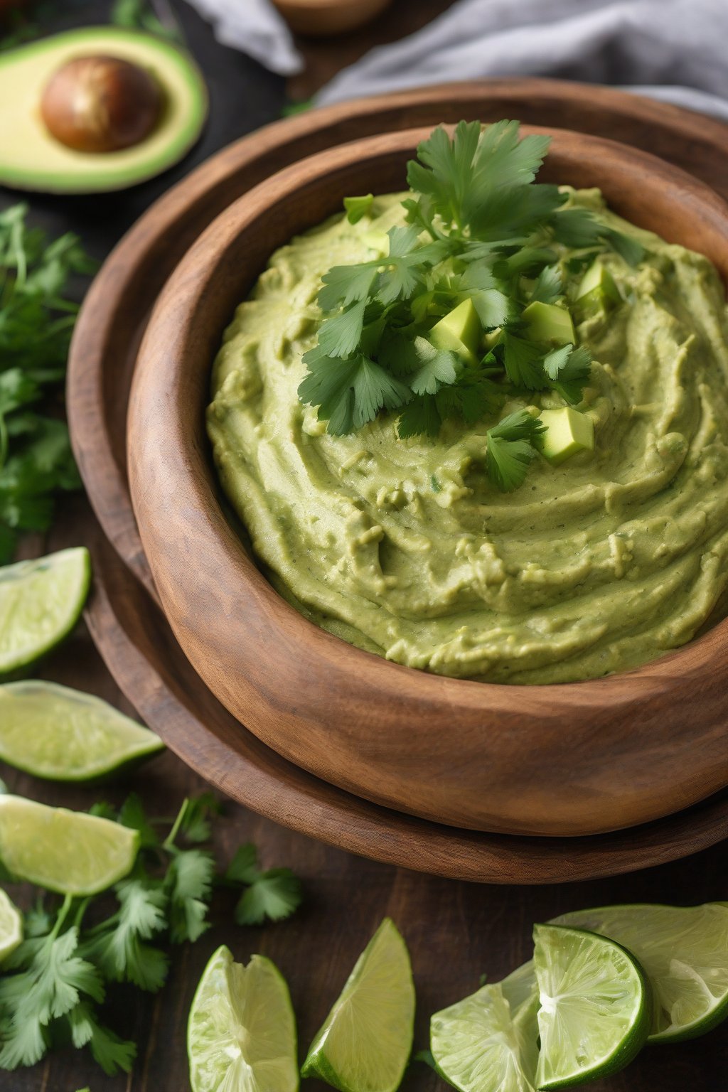 A high-resolution photo of green avocado cilantro hummus topped with cilantro leaves, in a wooden bowl, under soft lighting.