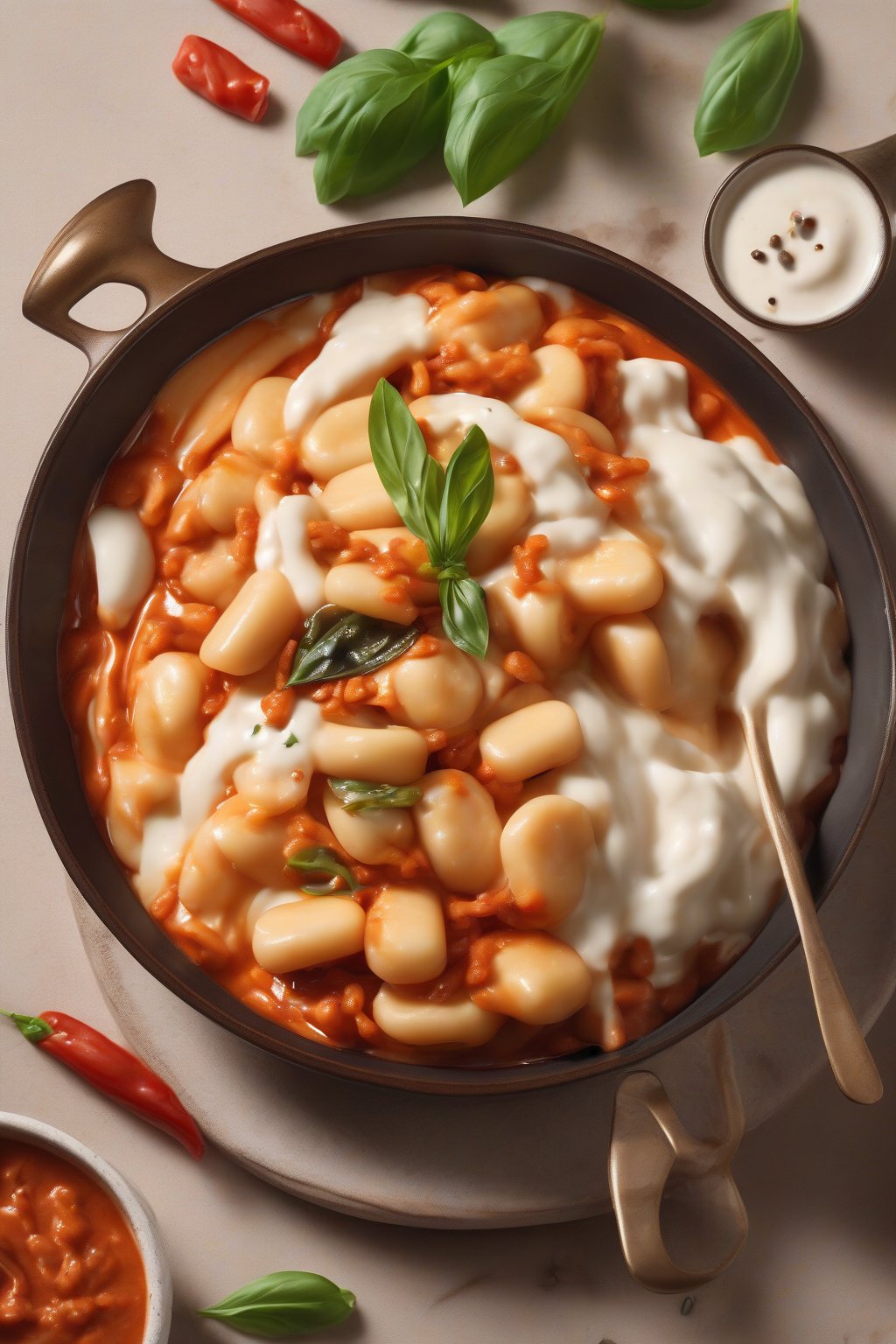 A high-resolution photo of creamy tteokbokki with smooth white sauce swirling around red-spiced chewy rice cakes, fresh basil garnish, under soft lighting.