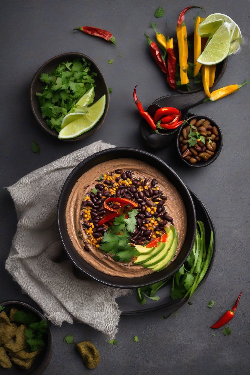 A high-resolution photo of smoky chipotle black bean hummus with a chili garnish, served in a dark bowl, under soft lighting.