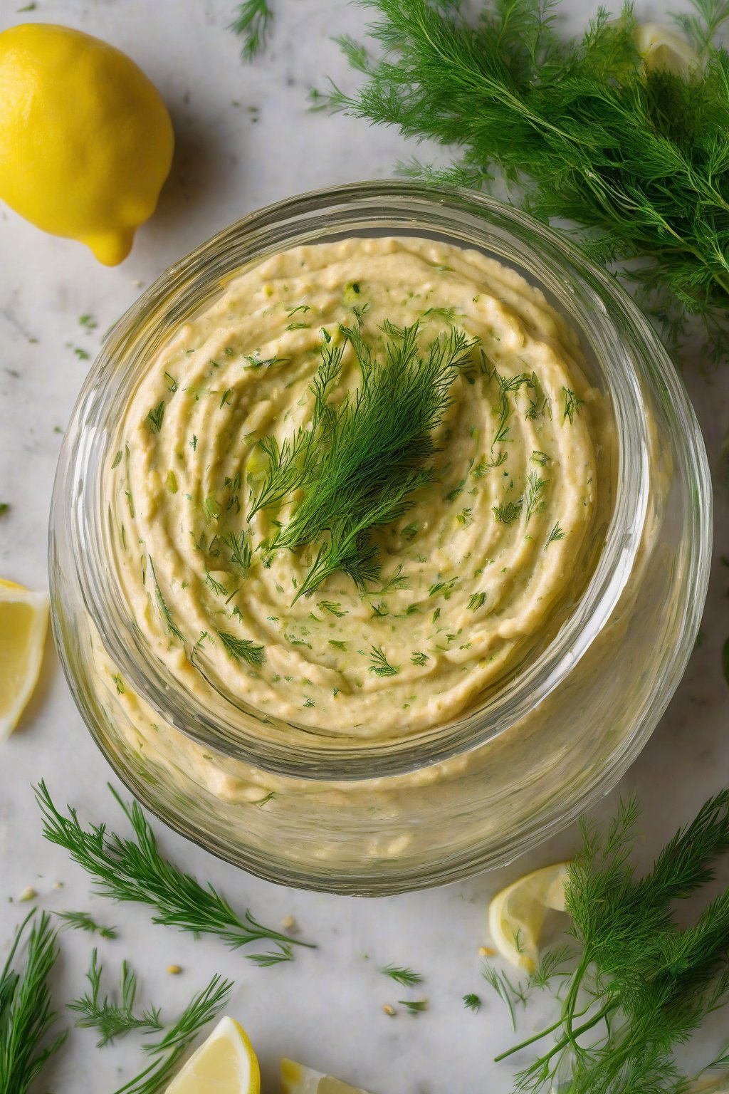 A high-resolution photo of bright lemon dill hummus dotted with fresh dill sprigs, in a glass bowl, under soft lighting.