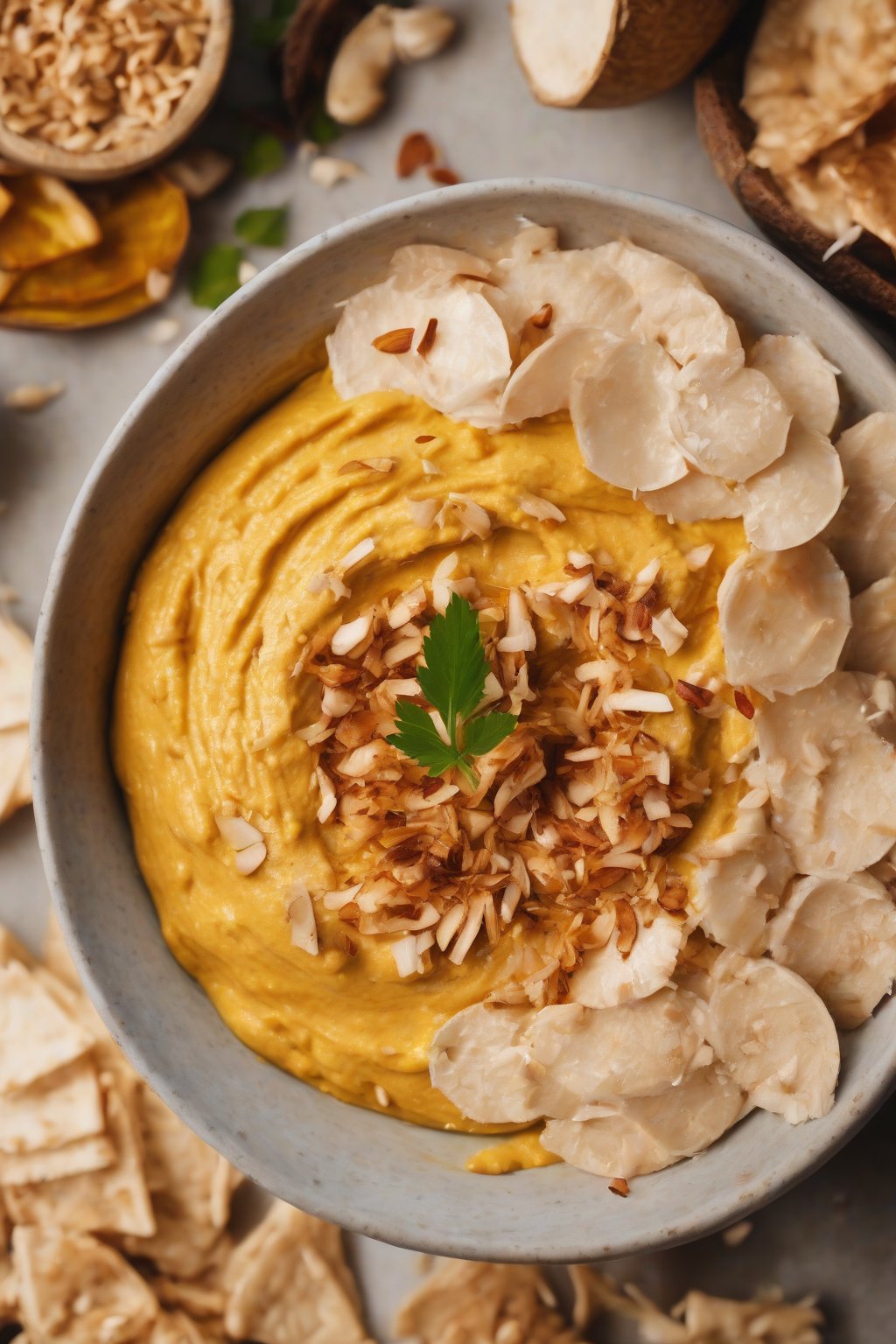 A high-resolution photo of golden curry coconut hummus with toasted coconut, in a coconut shell bowl, under soft lighting.