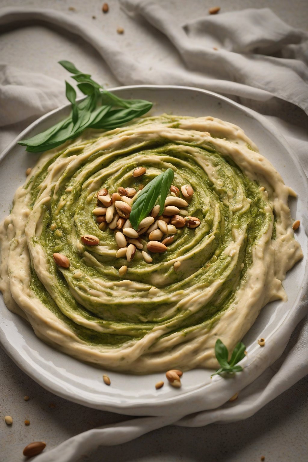 A high-resolution photo of pesto-swirled hummus with green ribbons and pine nuts, in a shallow plate, under soft lighting.