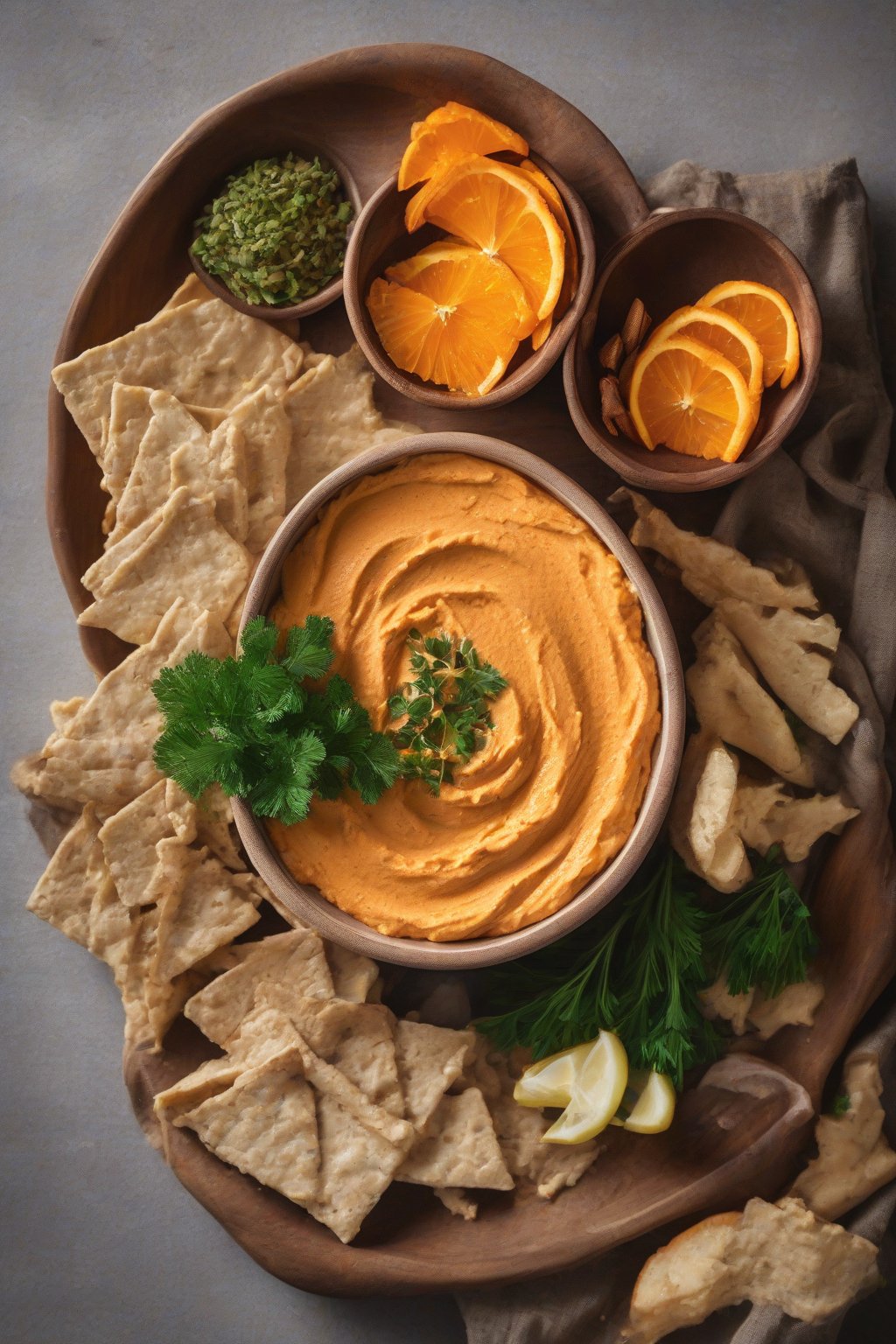 A high-resolution photo of orange carrot ginger hummus garnished with ginger slices, in an earthy bowl, under soft lighting.