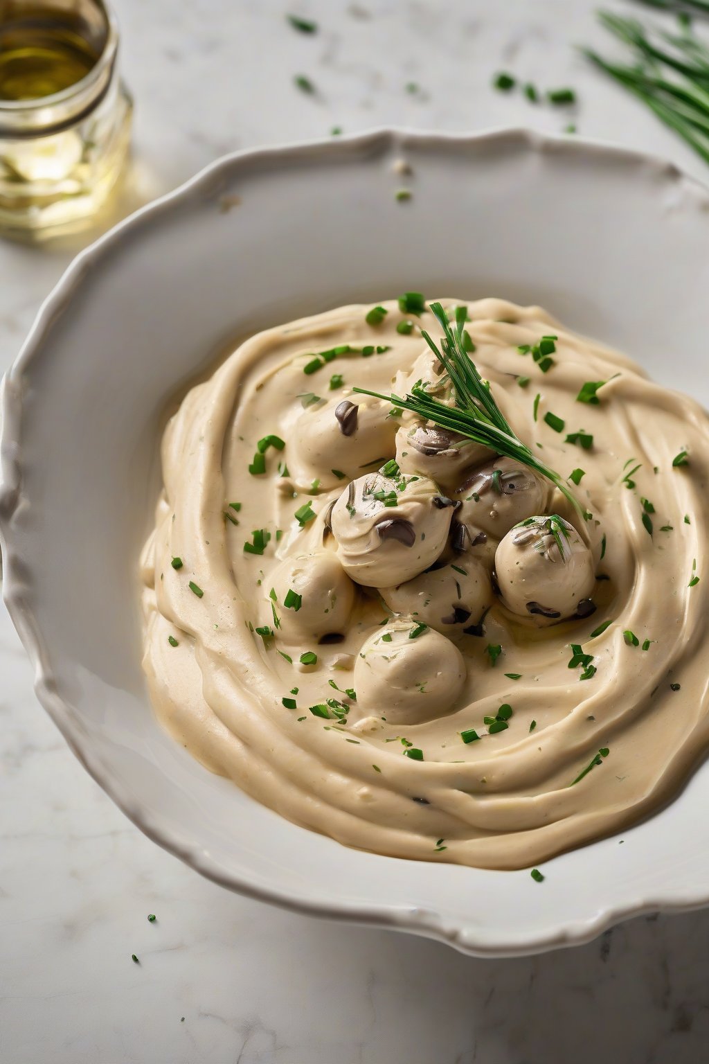 A high-resolution photo of elegant truffle hummus drizzled with oil and chives, in a fancy dish, under soft lighting.