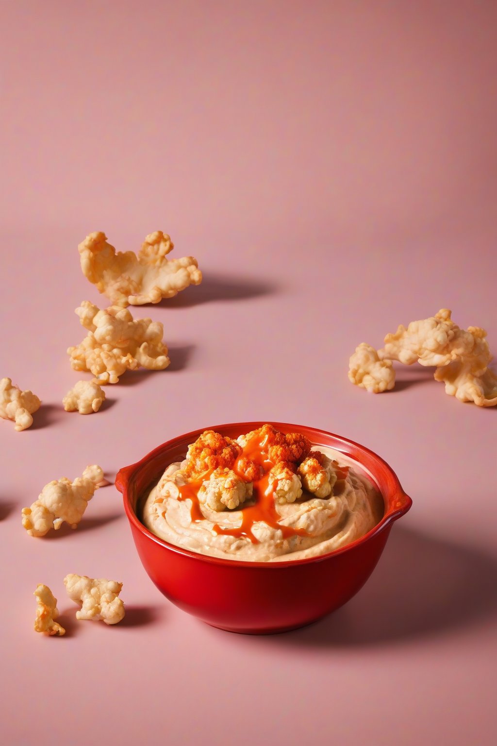 A high-resolution photo of fiery buffalo cauliflower hummus with sauce swirl, in a bold red bowl, under soft lighting.