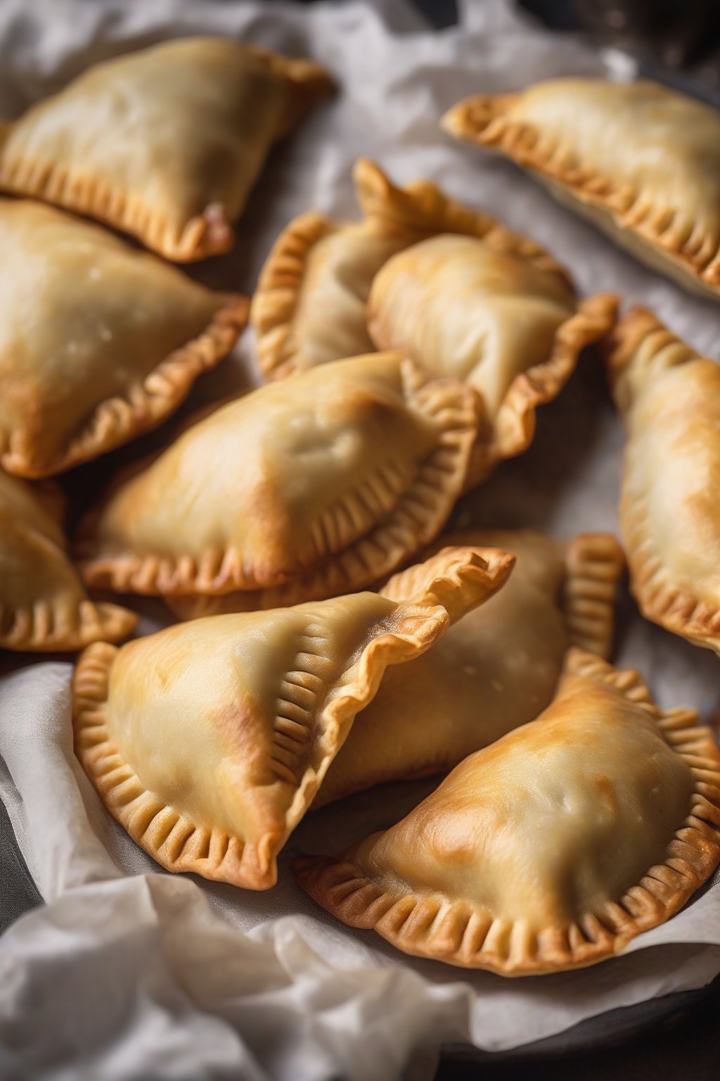 A high-resolution close-up photo of golden flaky beef empanadas with crimped edges, steam rising, under soft lighting.