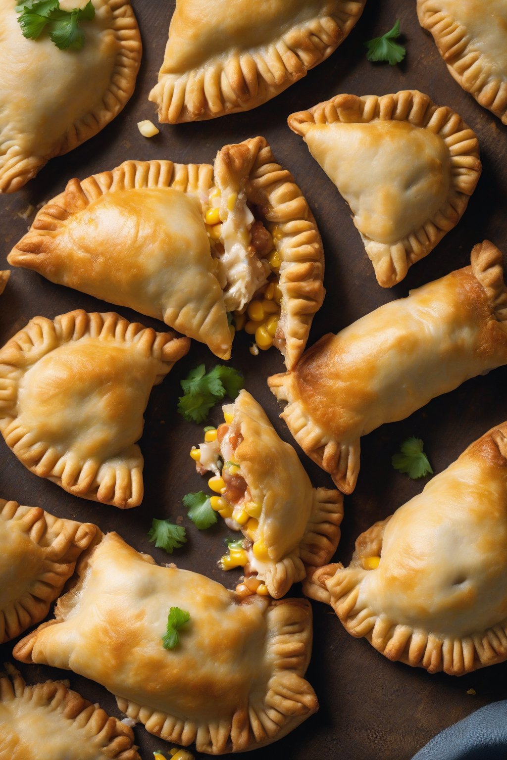 A high-resolution close-up photo of cheesy chicken corn empanadas oozing filling, flaky crust cracked open, under soft lighting.