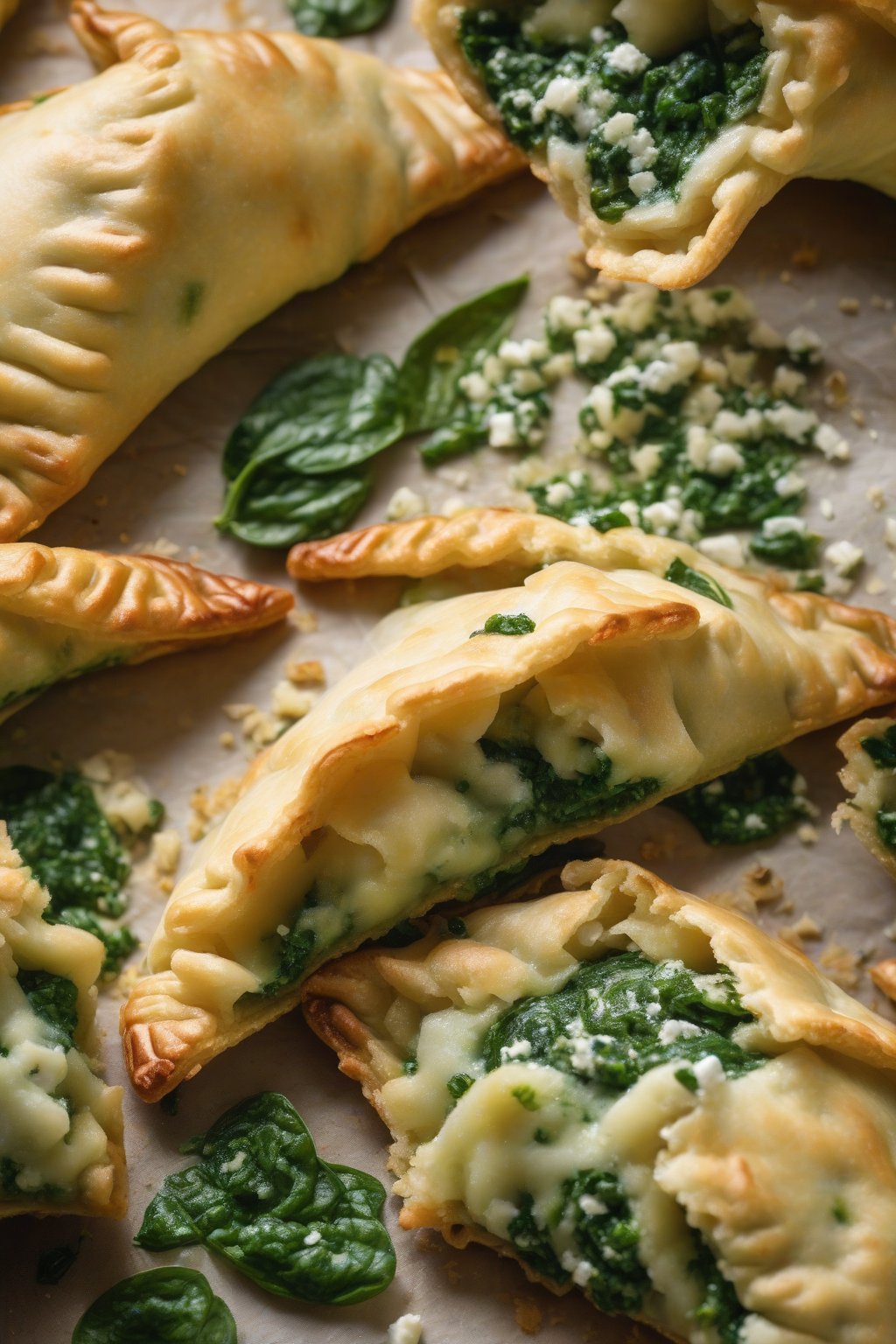 A high-resolution close-up photo of spinach feta empanadas with green flecks peeking through flaky layers, under soft lighting.