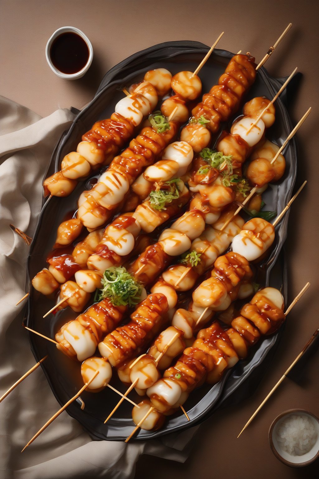 A high-resolution photo of street-style tteokbokki skewers loaded with chewy rice cakes and fish cake slices in glossy sauce, handheld appeal, under soft lighting.