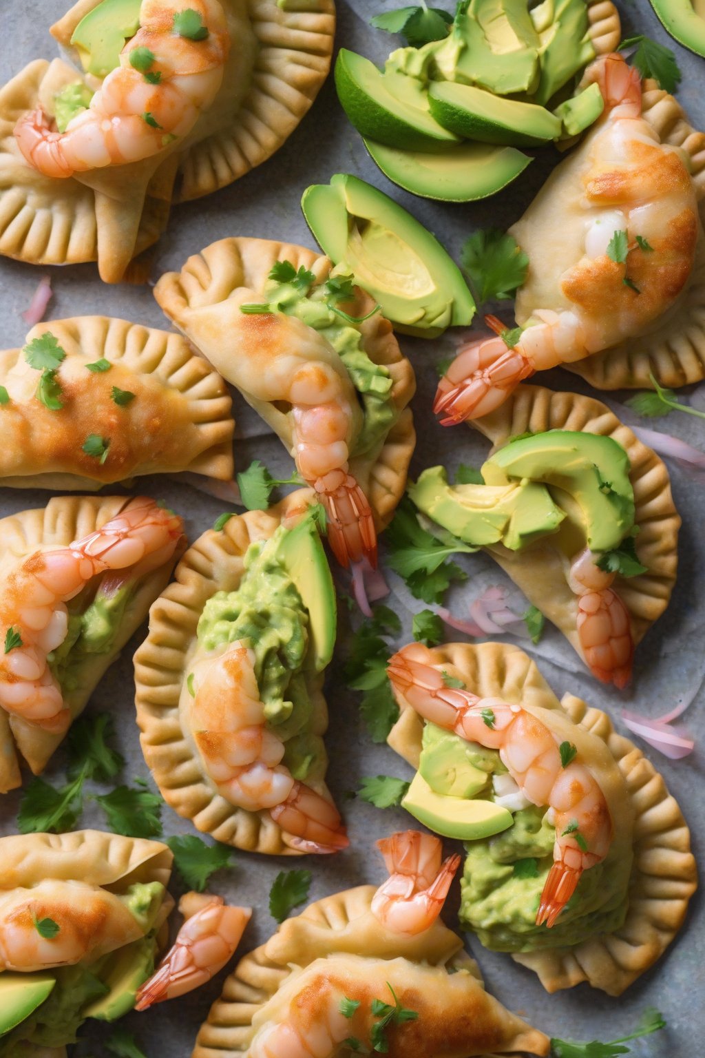 A high-resolution close-up photo of shrimp avocado empanadas sliced to show pink shrimp and green avocado, flaky exterior, under soft lighting.