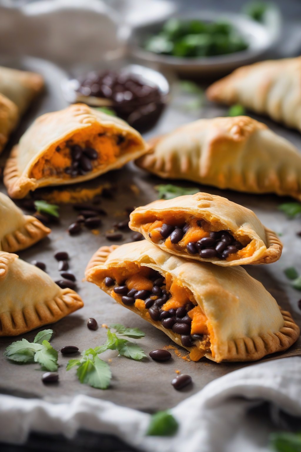 A high-resolution close-up photo of vegan sweet potato black bean empanadas with orange filling spilling out, ultra-flaky crust, under soft lighting.