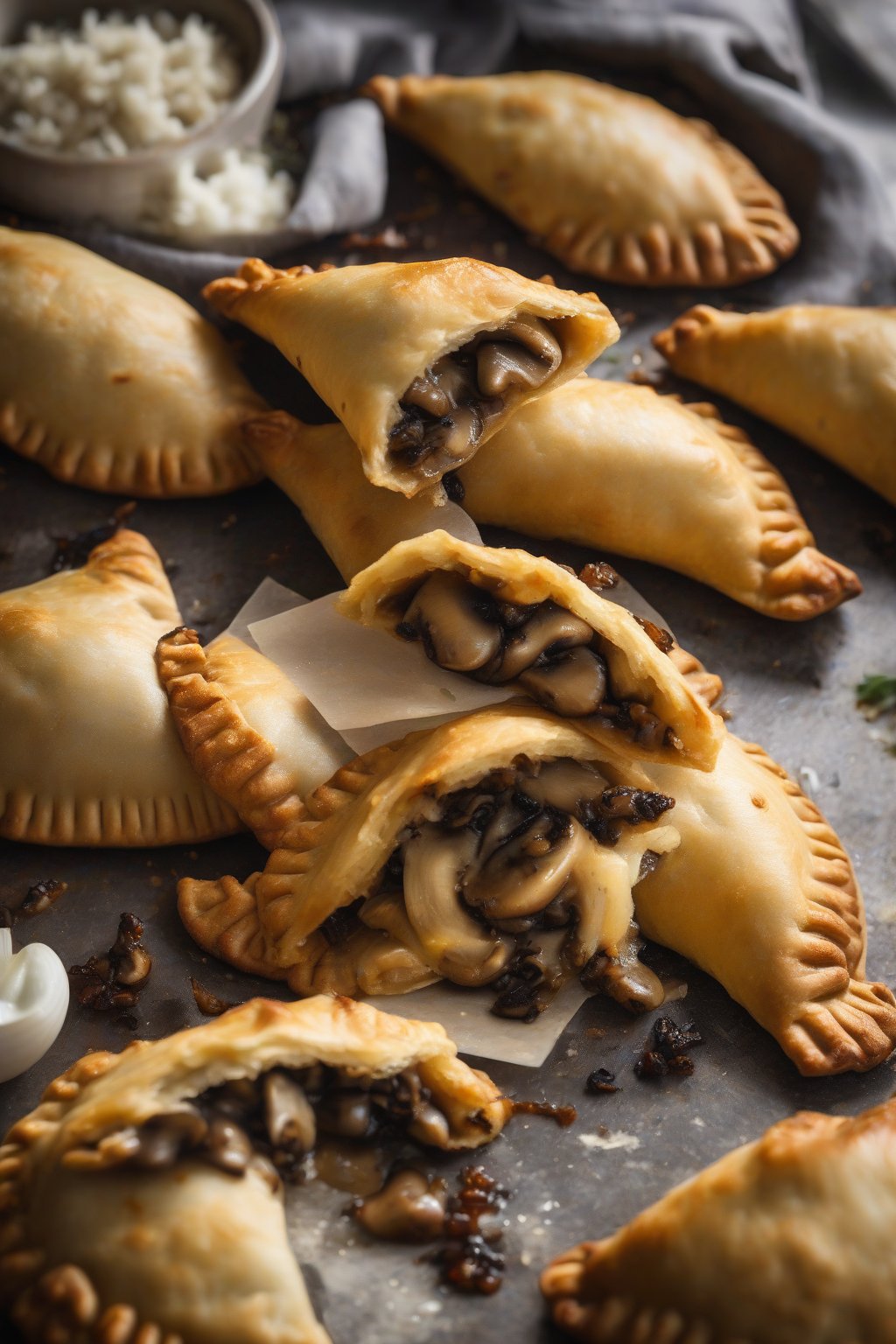 A high-resolution close-up photo of mushroom onion empanadas with dark caramelized bits, flaky golden shell, under soft lighting.