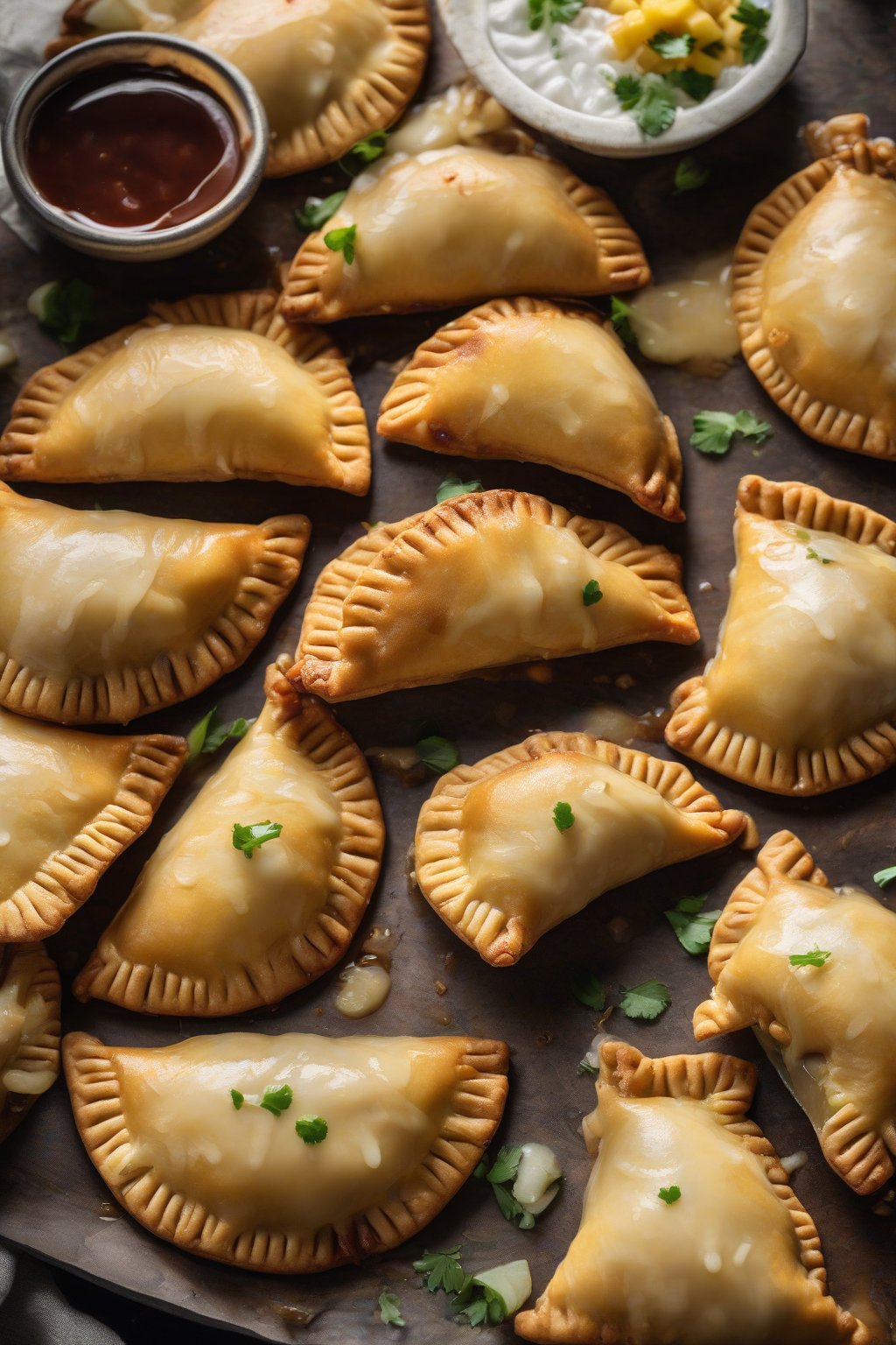 A high-resolution close-up photo of pulled pork pineapple empanadas dripping sauce, flaky edges crisp, under soft lighting.