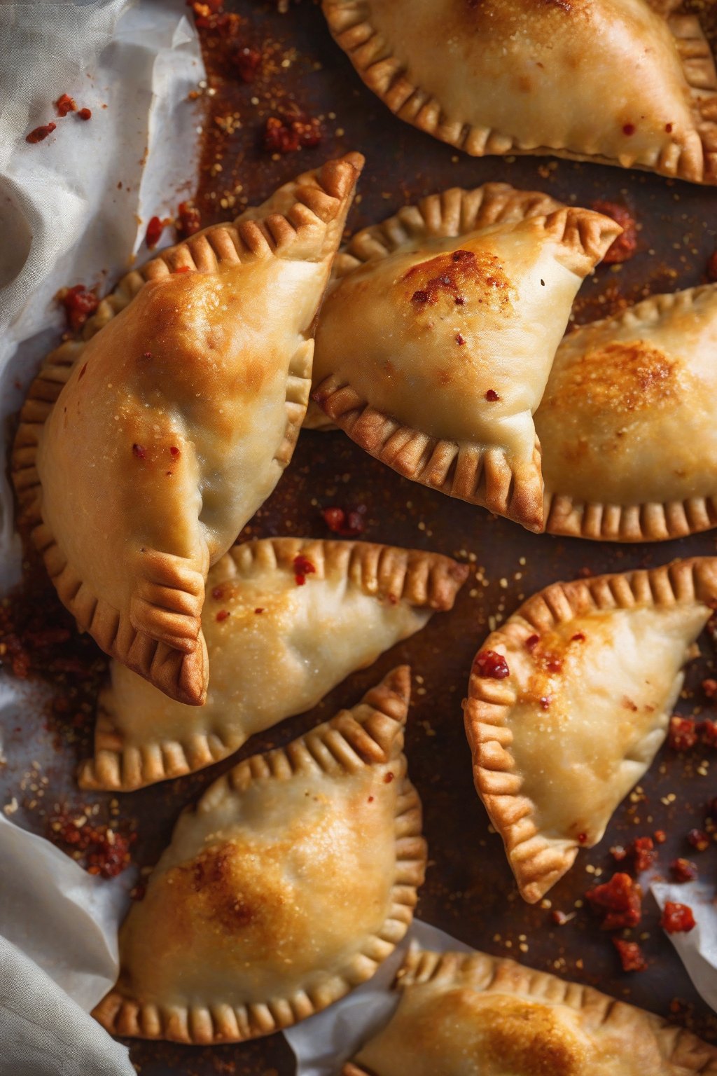 A high-resolution close-up photo of chorizo potato empanadas with red spice flecks, steam-vented flaky top, under soft lighting.
