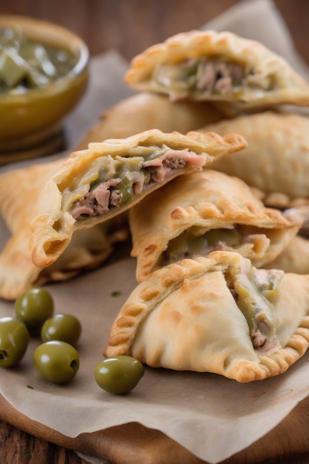 A high-resolution close-up photo of tuna olive empanadas with briny green olives visible, perfect flaky fold, under soft lighting.