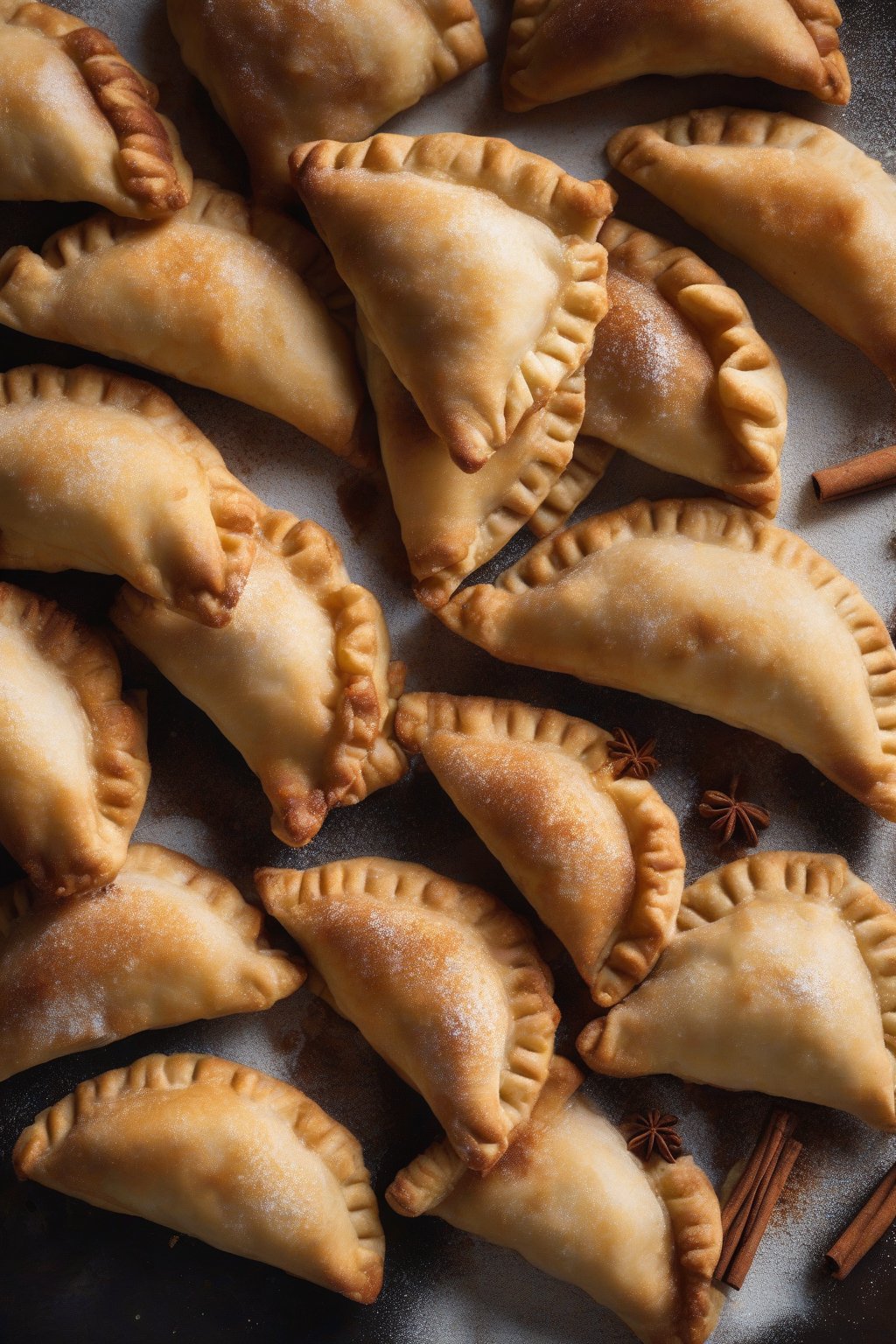 A high-resolution close-up photo of apple pie empanadas oozing cinnamon filling, sugar-dusted flaky crust, under soft lighting.
