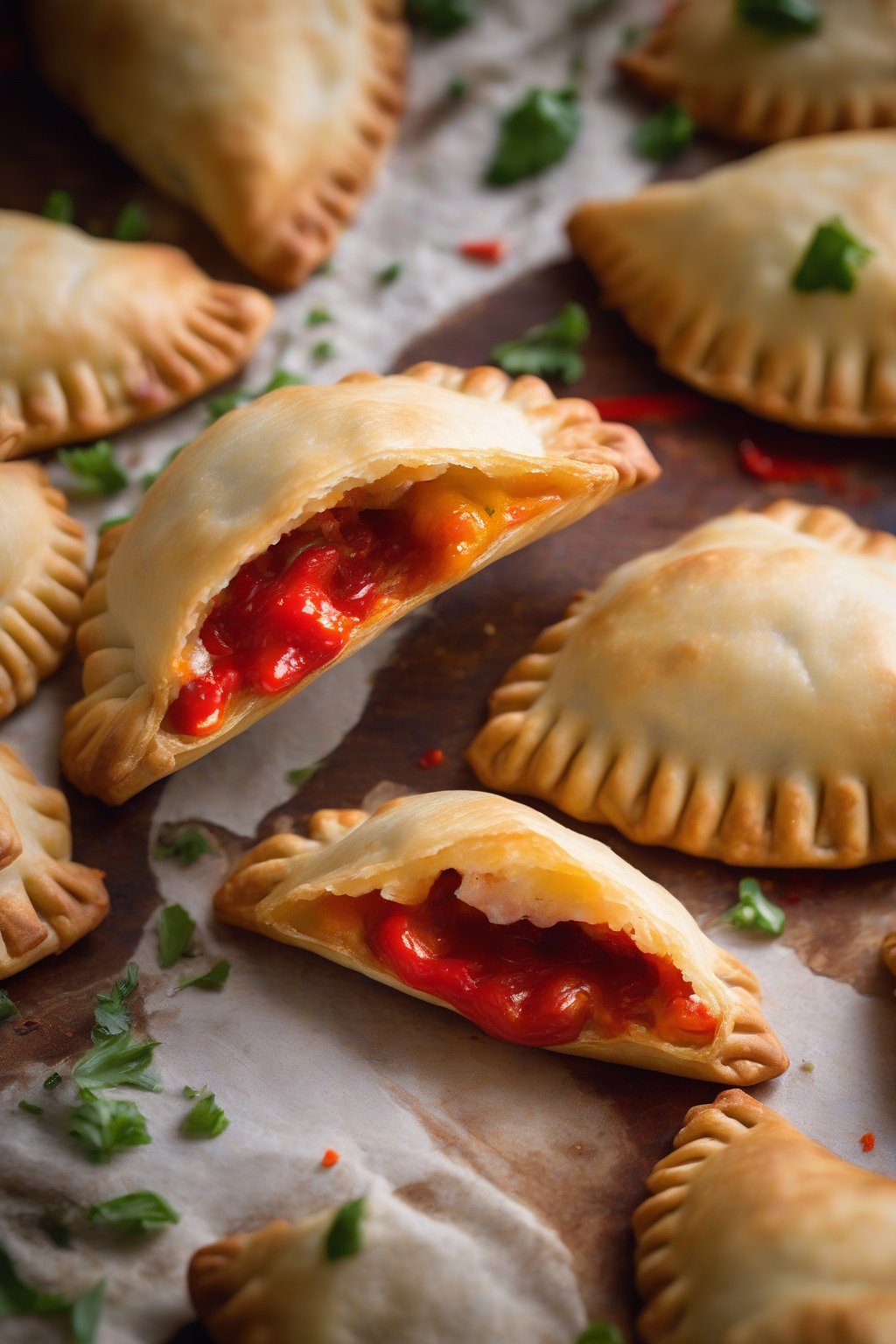 A high-resolution close-up photo of goat cheese roasted pepper empanadas with red streaks, buttery flaky layers, under soft lighting.