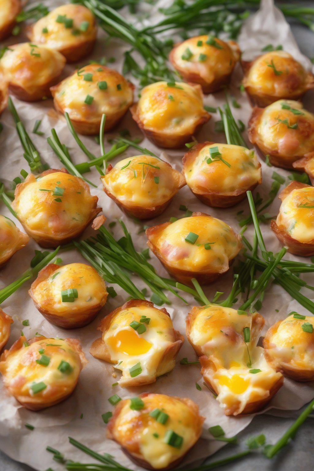 A high-resolution photo of golden ham and cheddar egg bites fresh from the oven, topped with chives, under soft lighting.