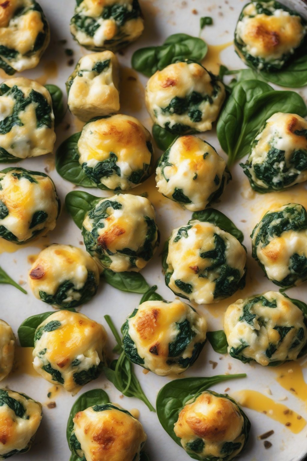 A high-resolution photo of vibrant green spinach and feta egg bites, slightly puffed with melted cheese, under soft lighting.