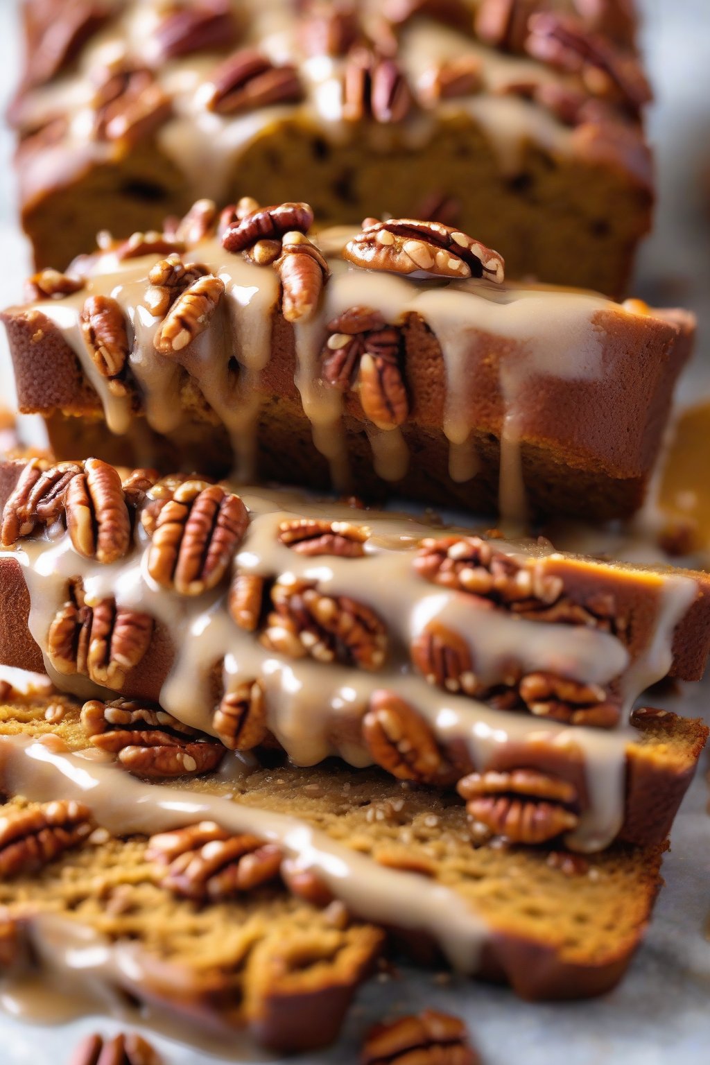 A high-resolution close-up photo of maple pecan pumpkin bread slice topped with pecans and drizzled maple glaze, under soft lighting.