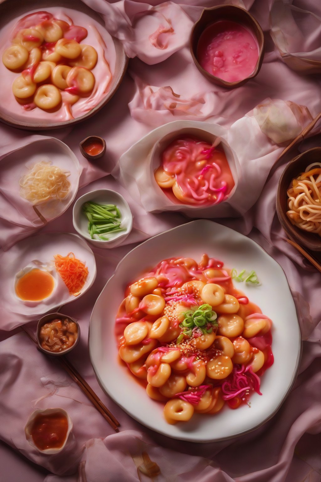 A high-resolution photo of rose tteokbokki with vibrant pink sauce coating glossy chewy rice cakes, cheese swirls on top, under soft lighting.
