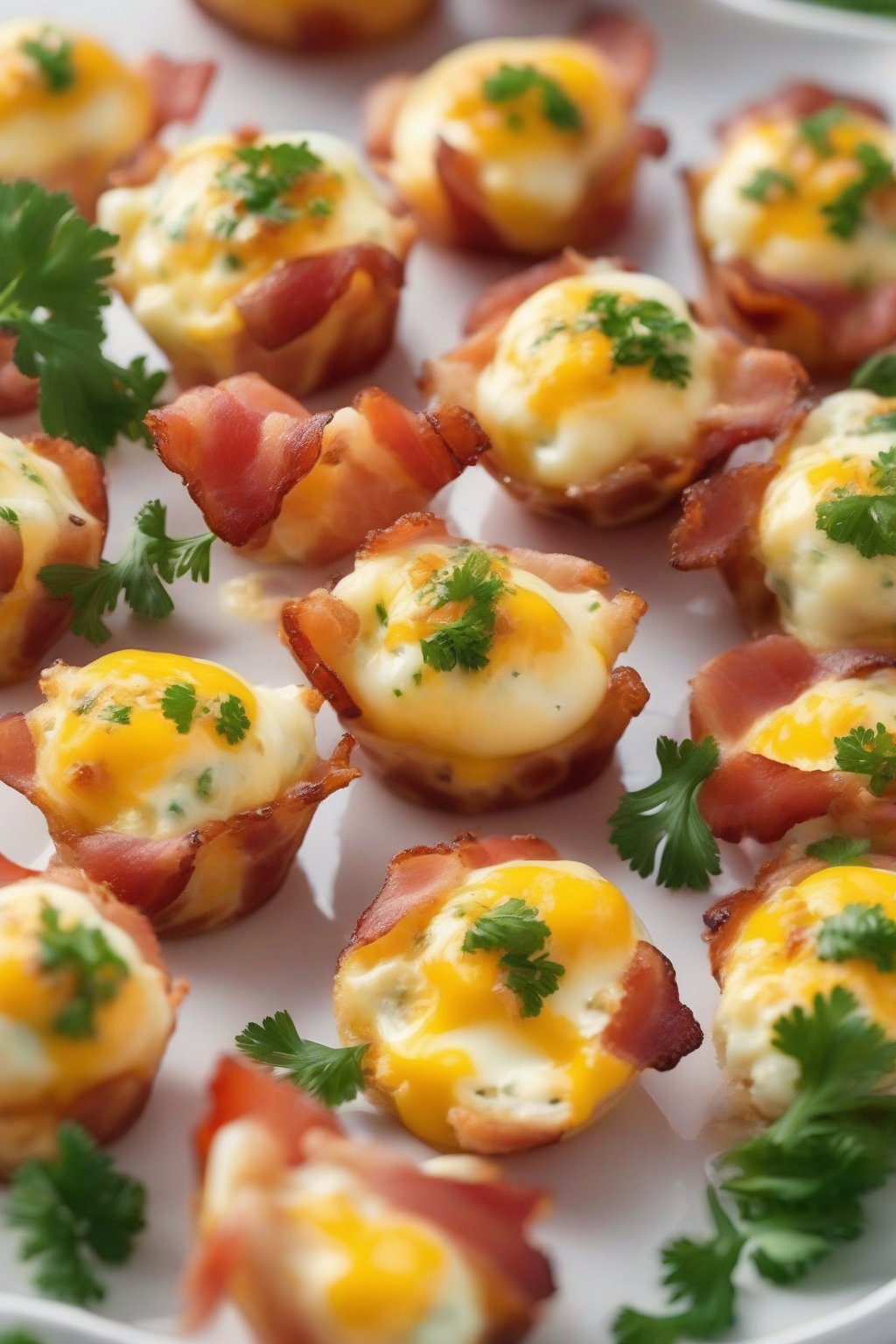 A high-resolution photo of bacon-studded fluffy egg bites oozing cheese, garnished with parsley, under soft lighting.