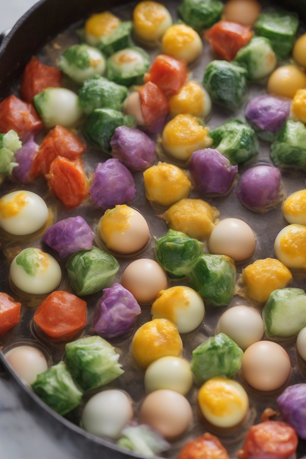 A high-resolution photo of colorful veggie-packed egg bites, steam rising slightly, under soft lighting.