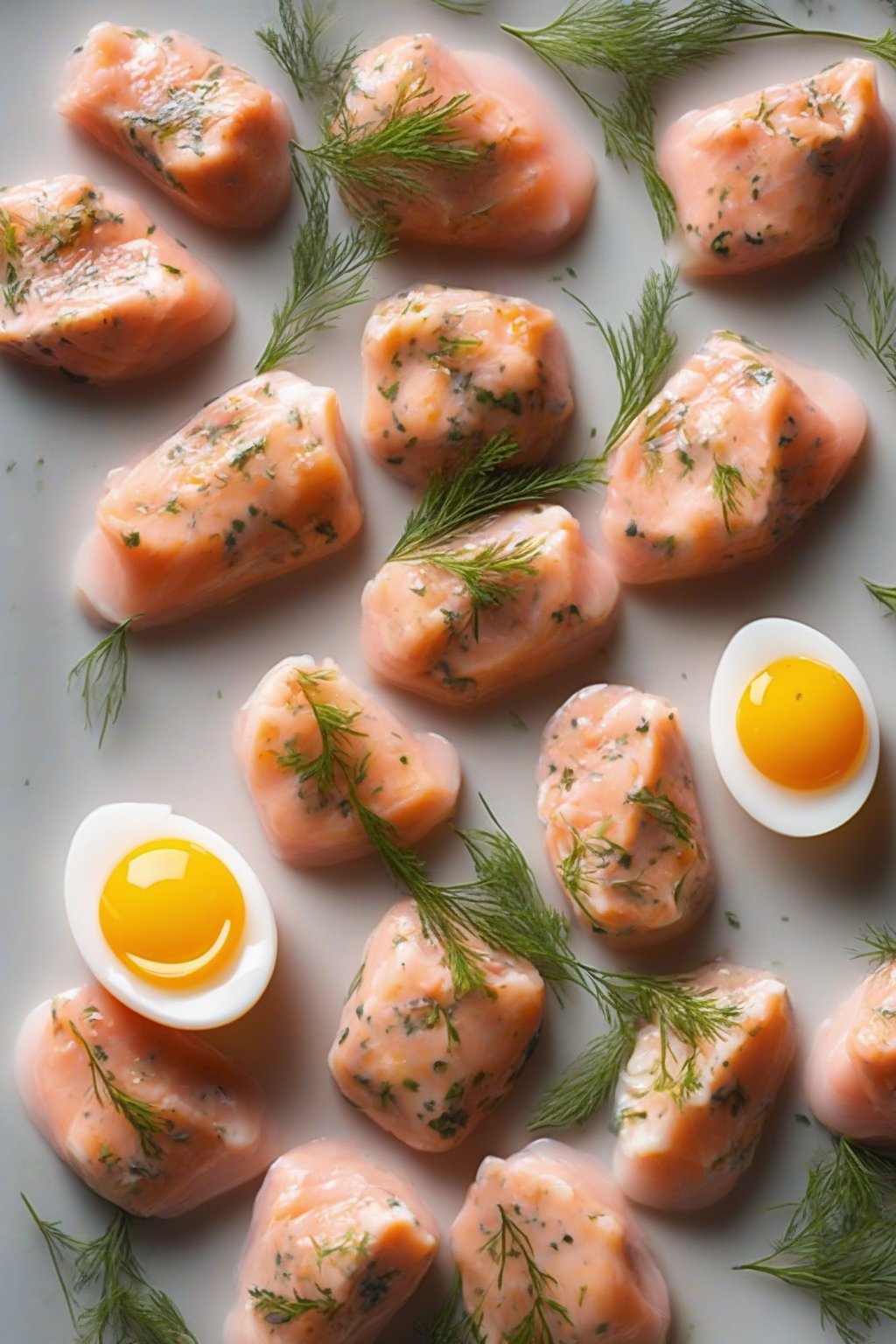 A high-resolution photo of pink salmon-flecked egg bites with dill sprigs, glossy finish, under soft lighting.