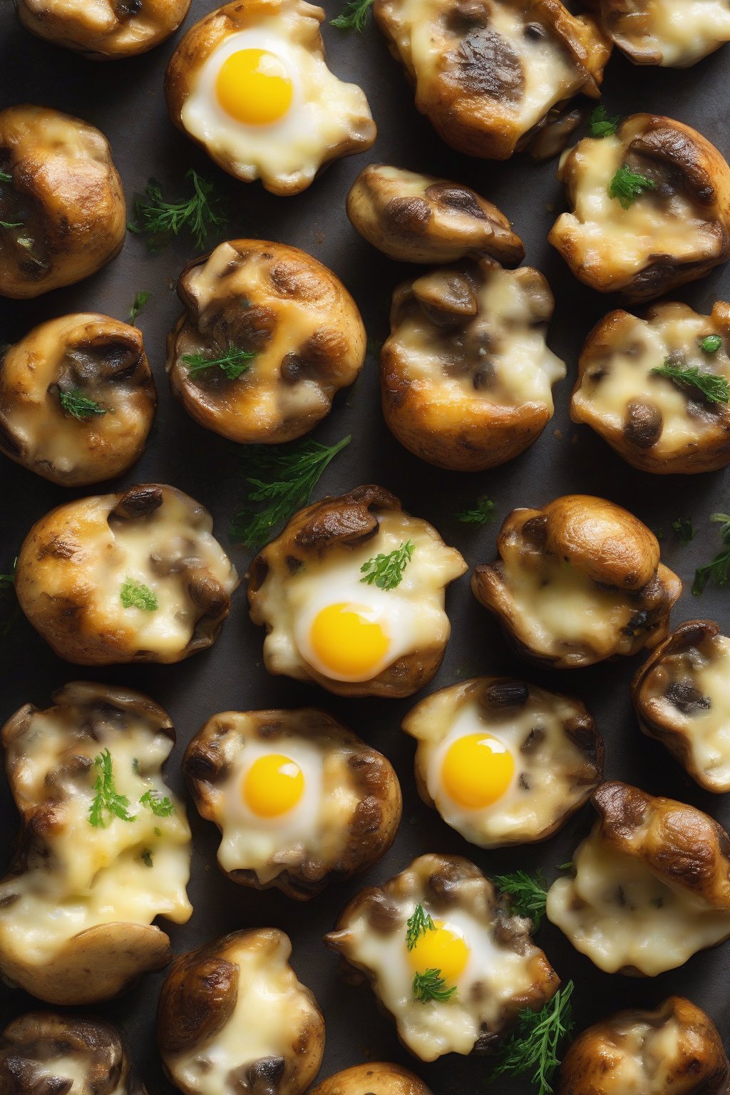 A high-resolution photo of deeply browned mushroom and Gruyère egg bites, aromatic steam visible, under soft lighting.