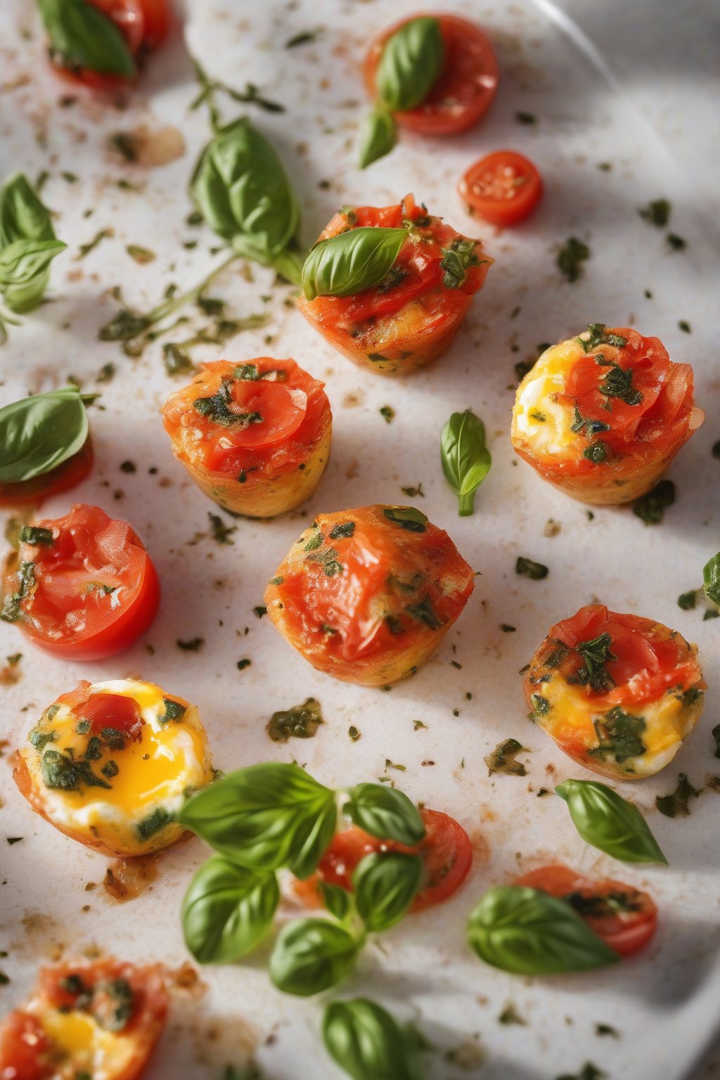 A high-resolution photo of red tomato-studded egg bites with basil flecks, bright and juicy, under soft lighting.