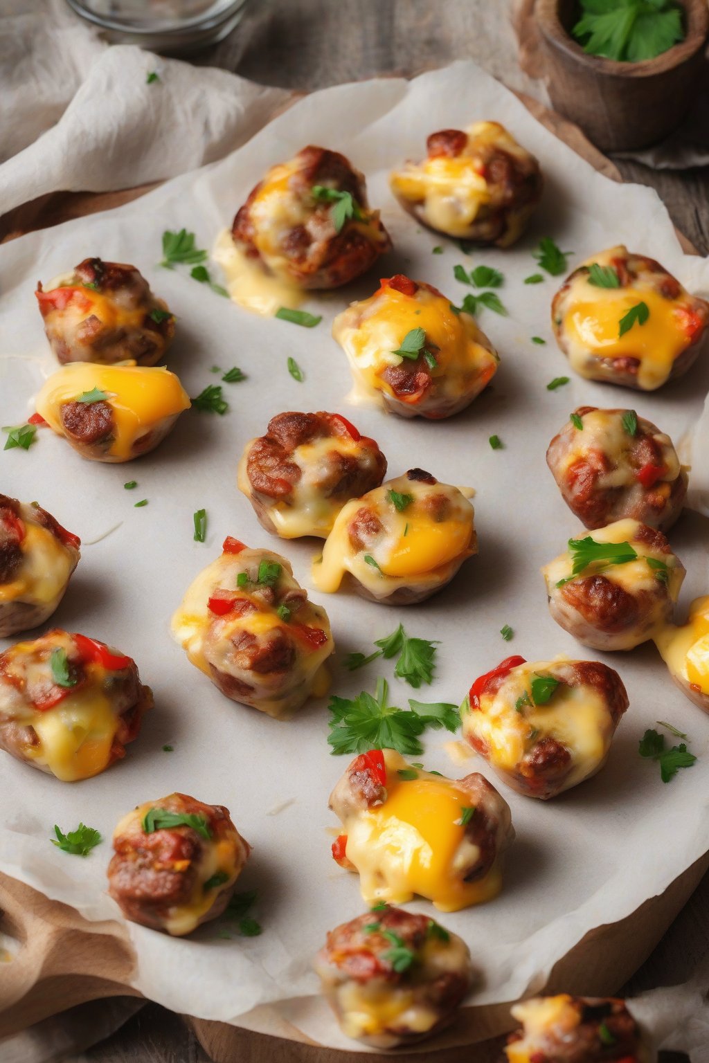A high-resolution photo of sausage and pepper egg bites with melted cheese pull, rustic appeal, under soft lighting.