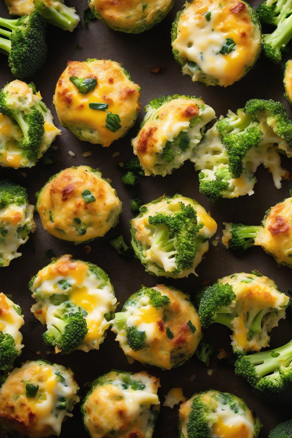 A high-resolution photo of broccoli cheddar egg bites, cheesy and green-speckled, perfectly risen, under soft lighting.