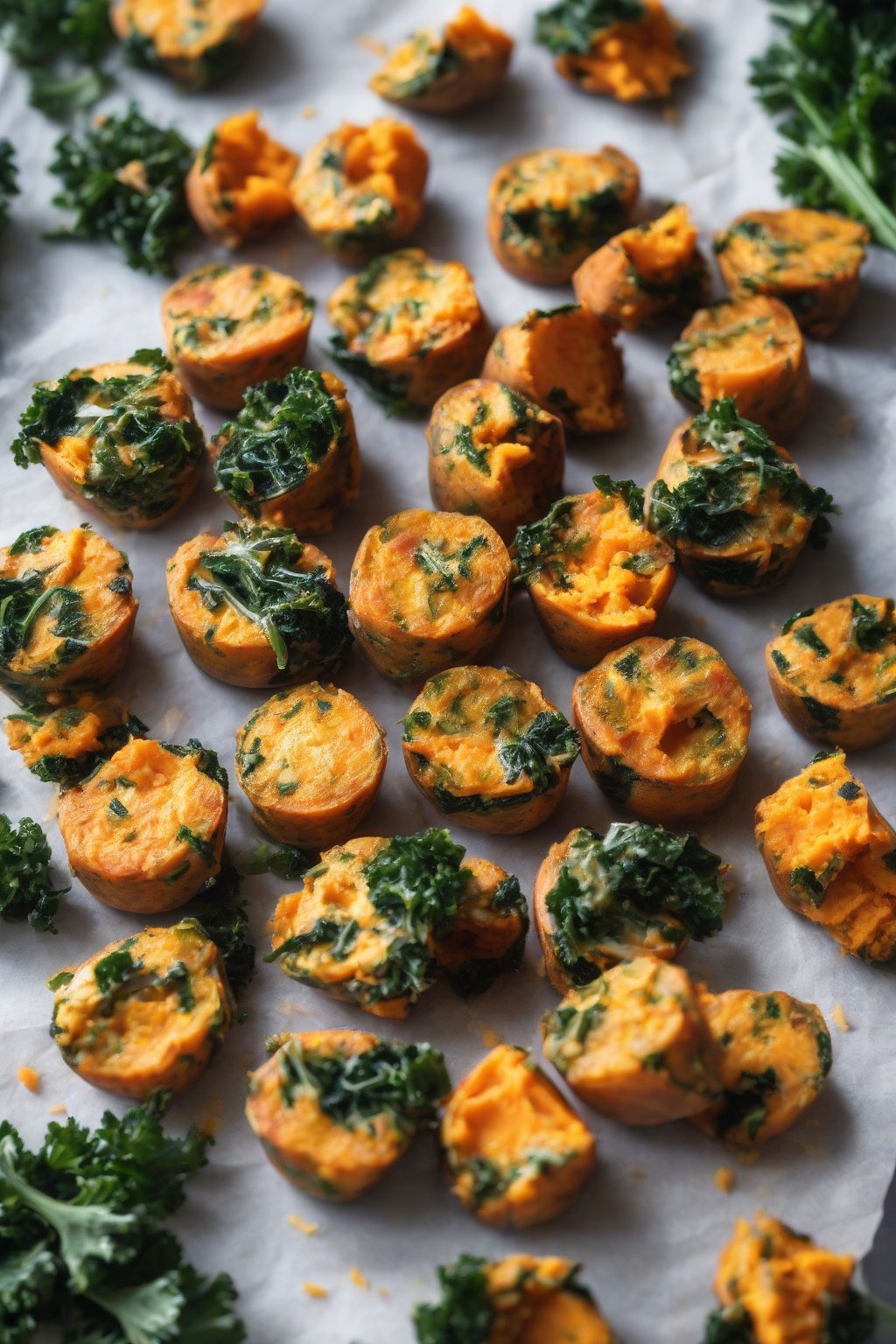 A high-resolution photo of orange sweet potato and kale egg bites, hearty and textured, under soft lighting.