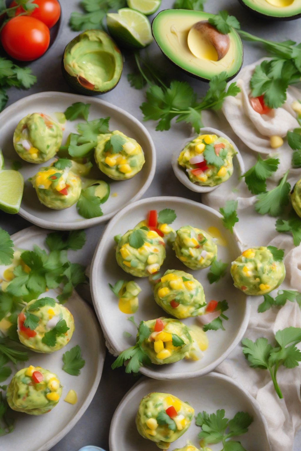 A high-resolution photo of creamy avocado salsa egg bites with fresh cilantro, colorful and inviting, under soft lighting.