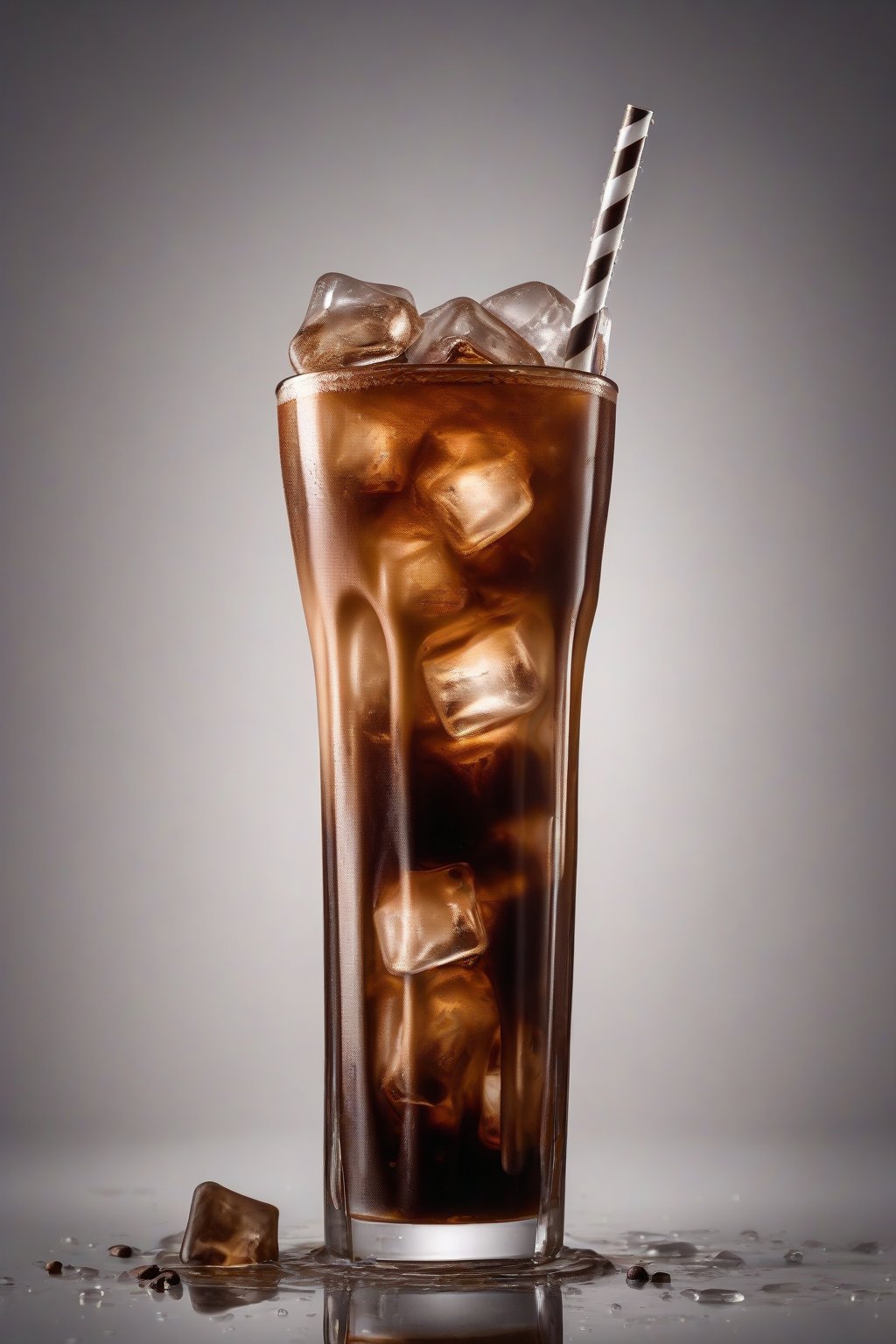 A high-resolution photo of a tall glass of classic cold brew iced coffee with ice cubes and a straw, condensation dripping down the side, under soft lighting.