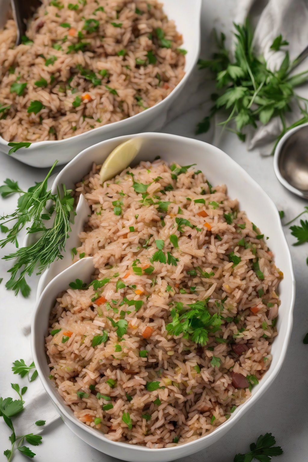 A high-resolution photo of turkey dirty rice served in a white bowl with fresh herbs, steam rising, under soft lighting.