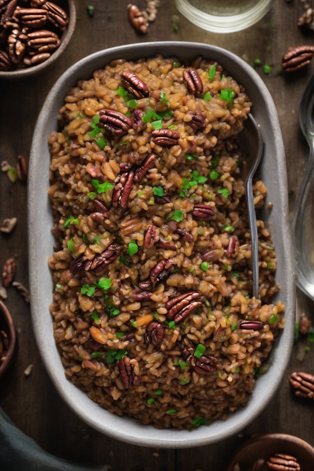 A high-resolution photo of vegetarian lentil dirty rice topped with pecans in a rustic bowl, under soft lighting.