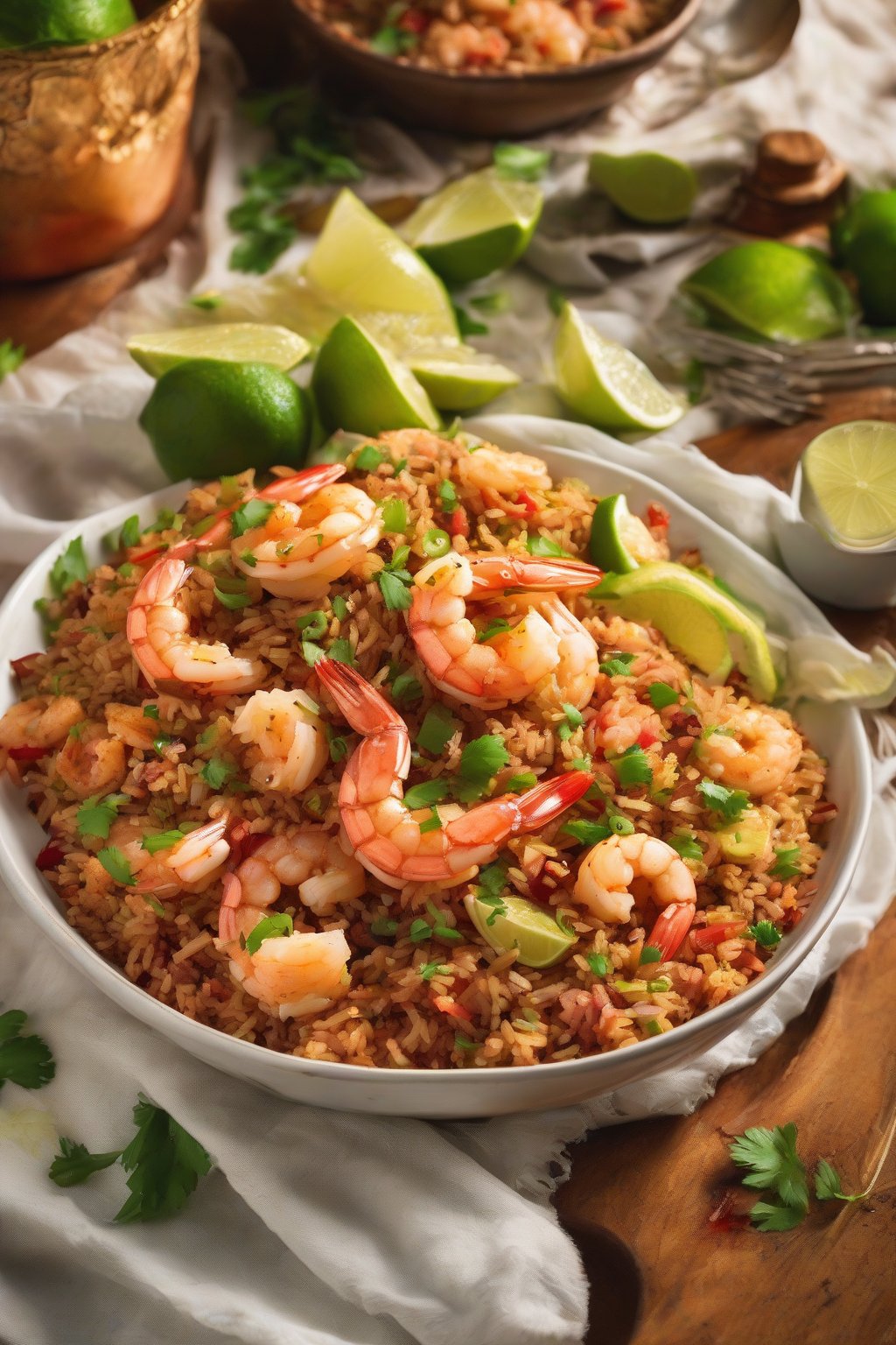 A high-resolution photo of spicy shrimp dirty rice with lime wedges, vibrant colors popping, under soft lighting.