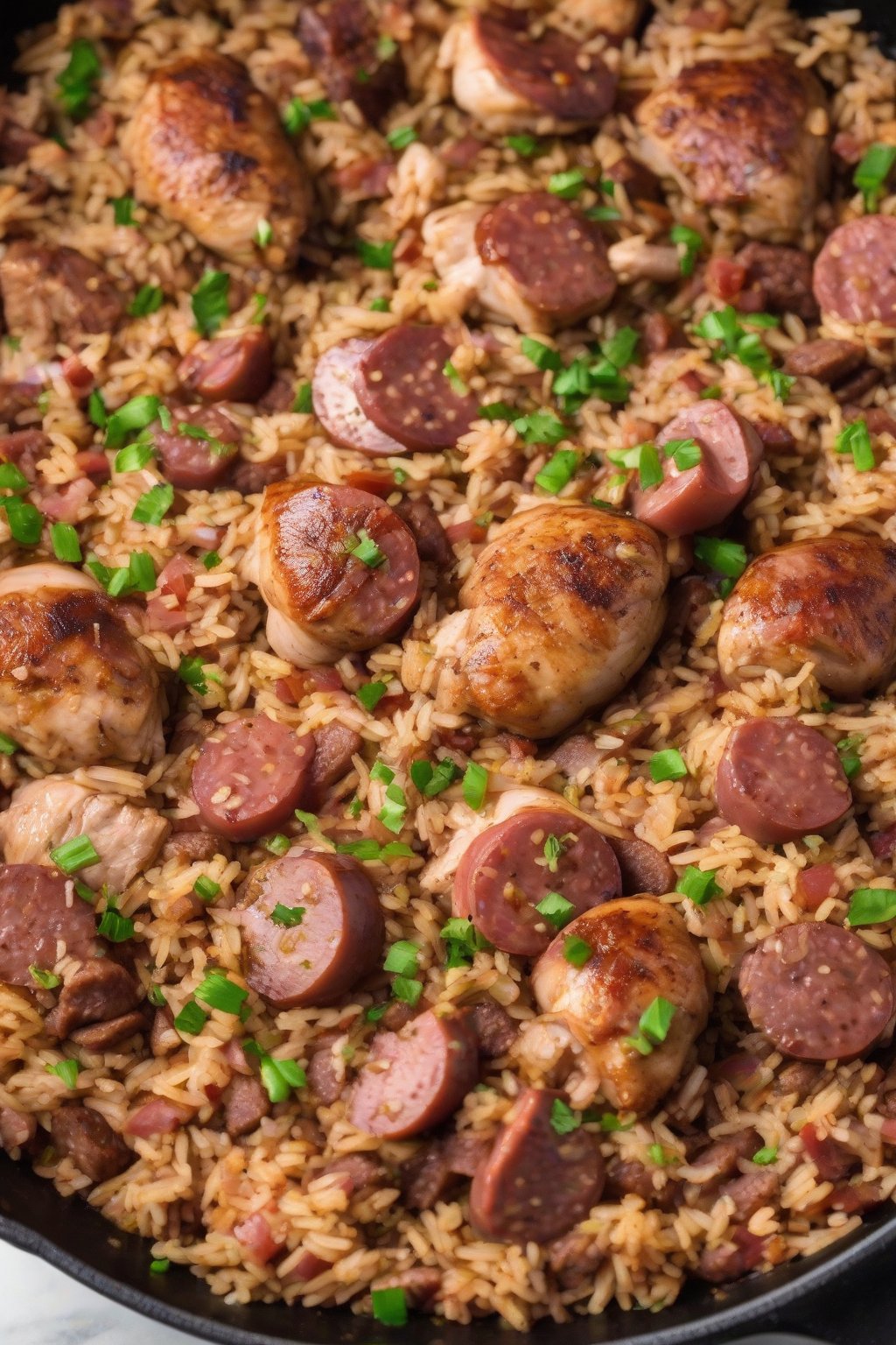 A high-resolution photo of chicken and andouille dirty rice in a skillet with sausage slices visible, under soft lighting.