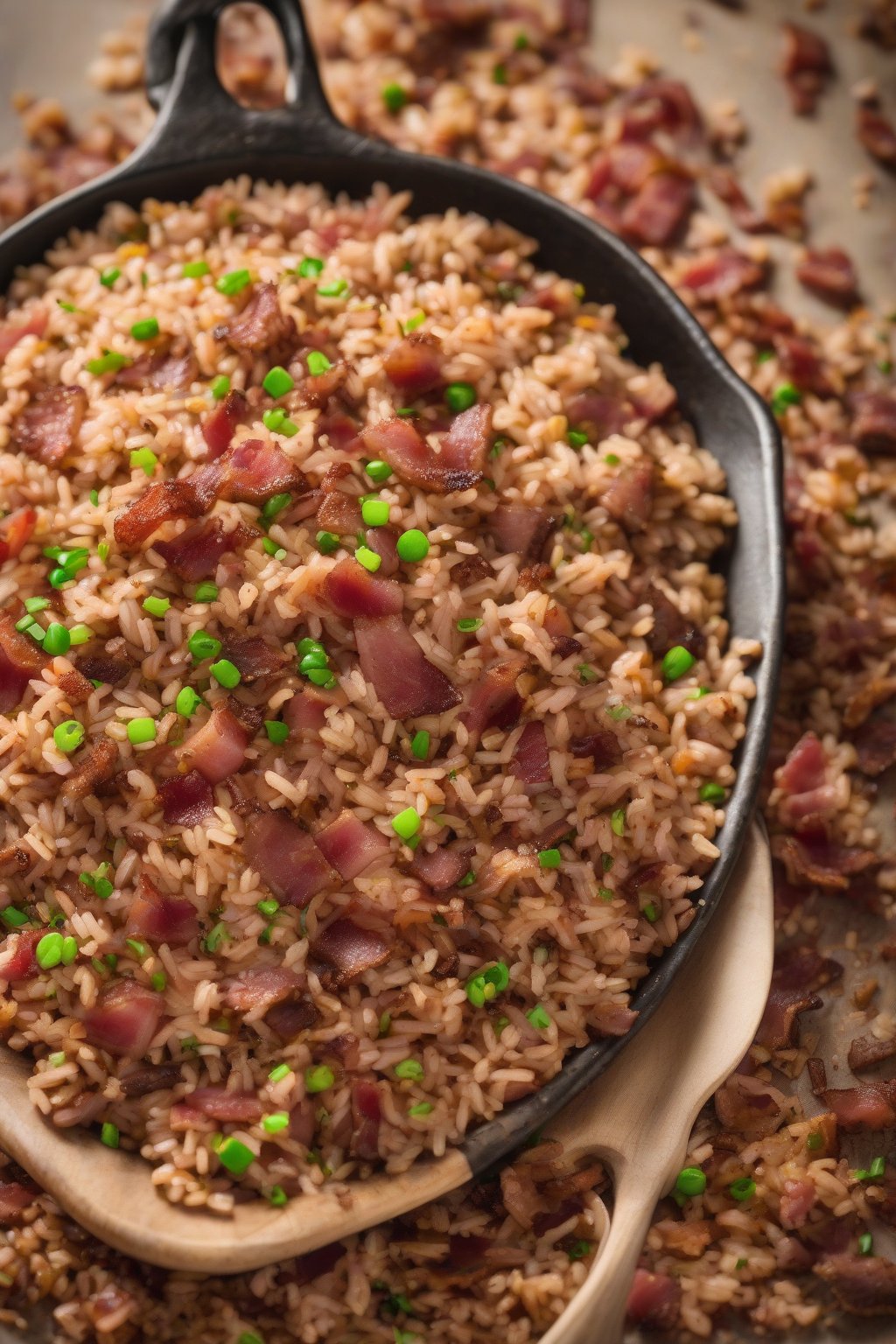 A high-resolution photo of beef and bacon dirty rice scattered with bacon crumbles, under soft lighting.