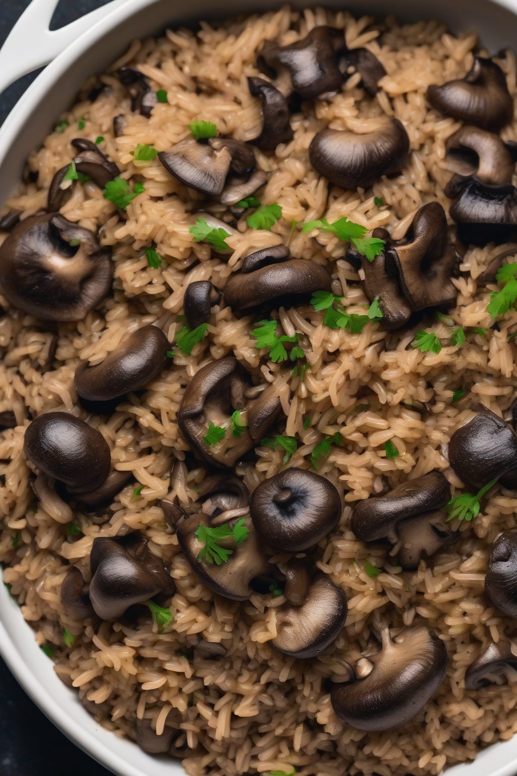 A high-resolution photo of vegan mushroom dirty rice with dark, glossy mushrooms, under soft lighting.