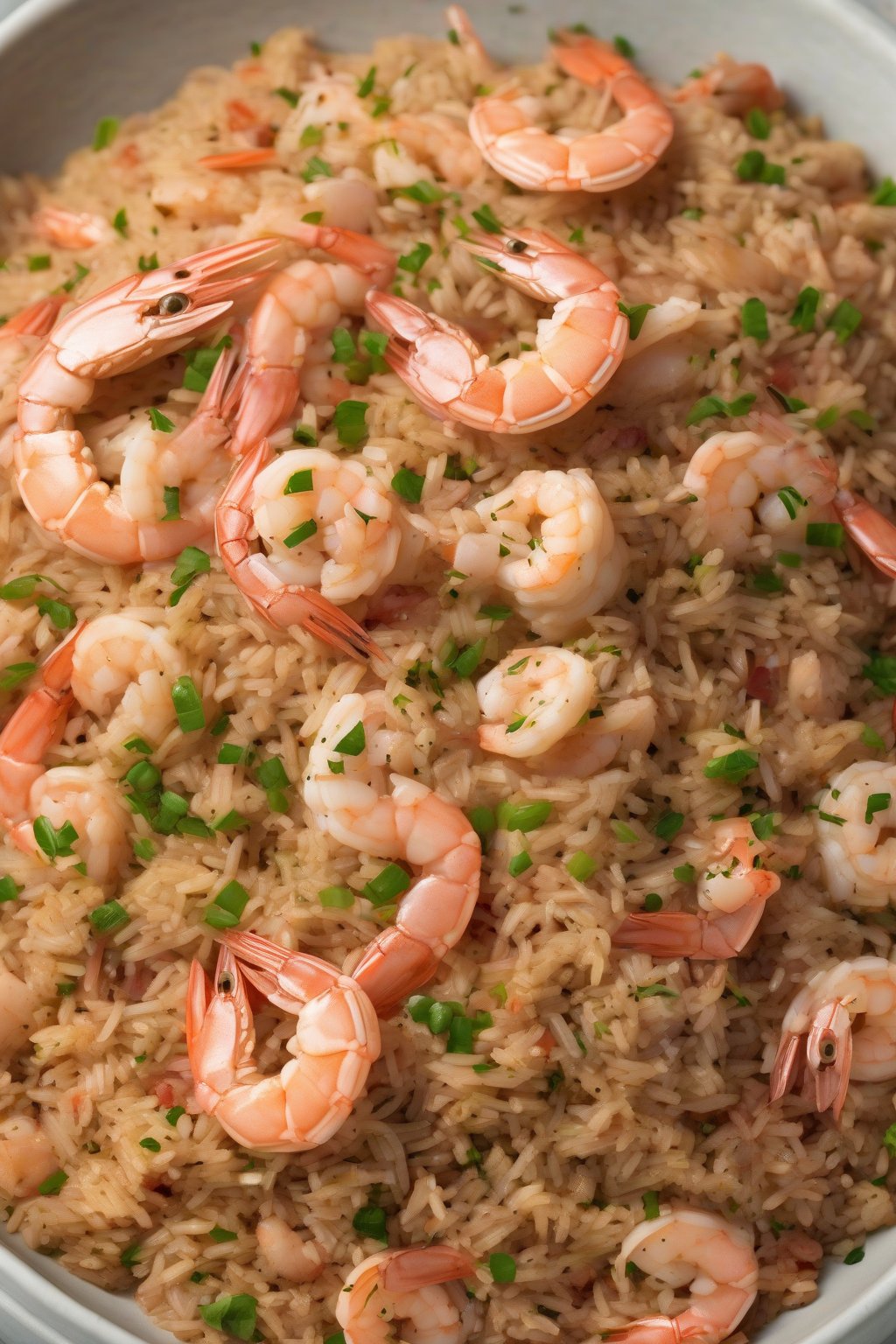 A high-resolution photo of seafood dirty rice piled high with shrimp and crab, under soft lighting.